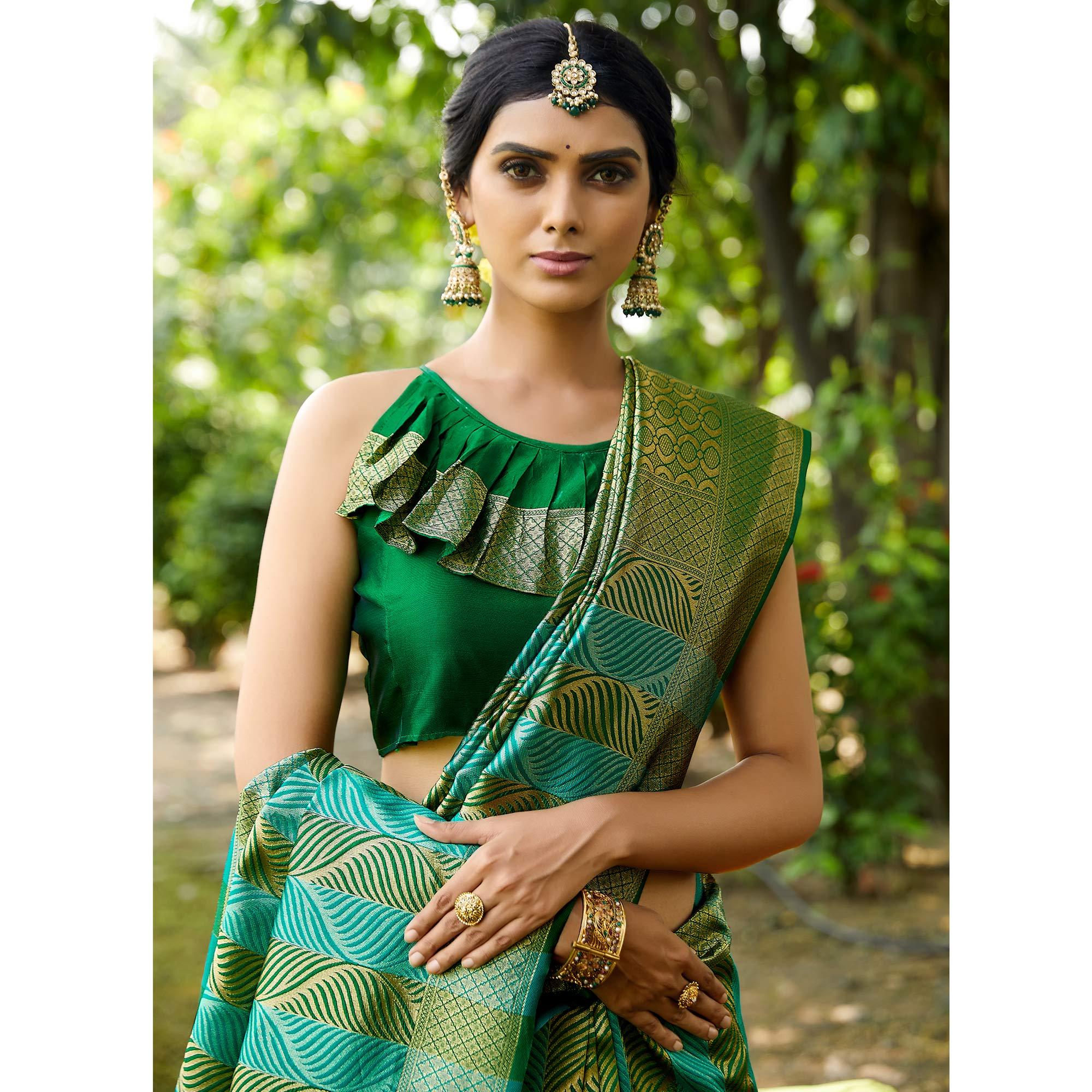 Sea Green Festive Wear Woven Silk Saree - Peachmode