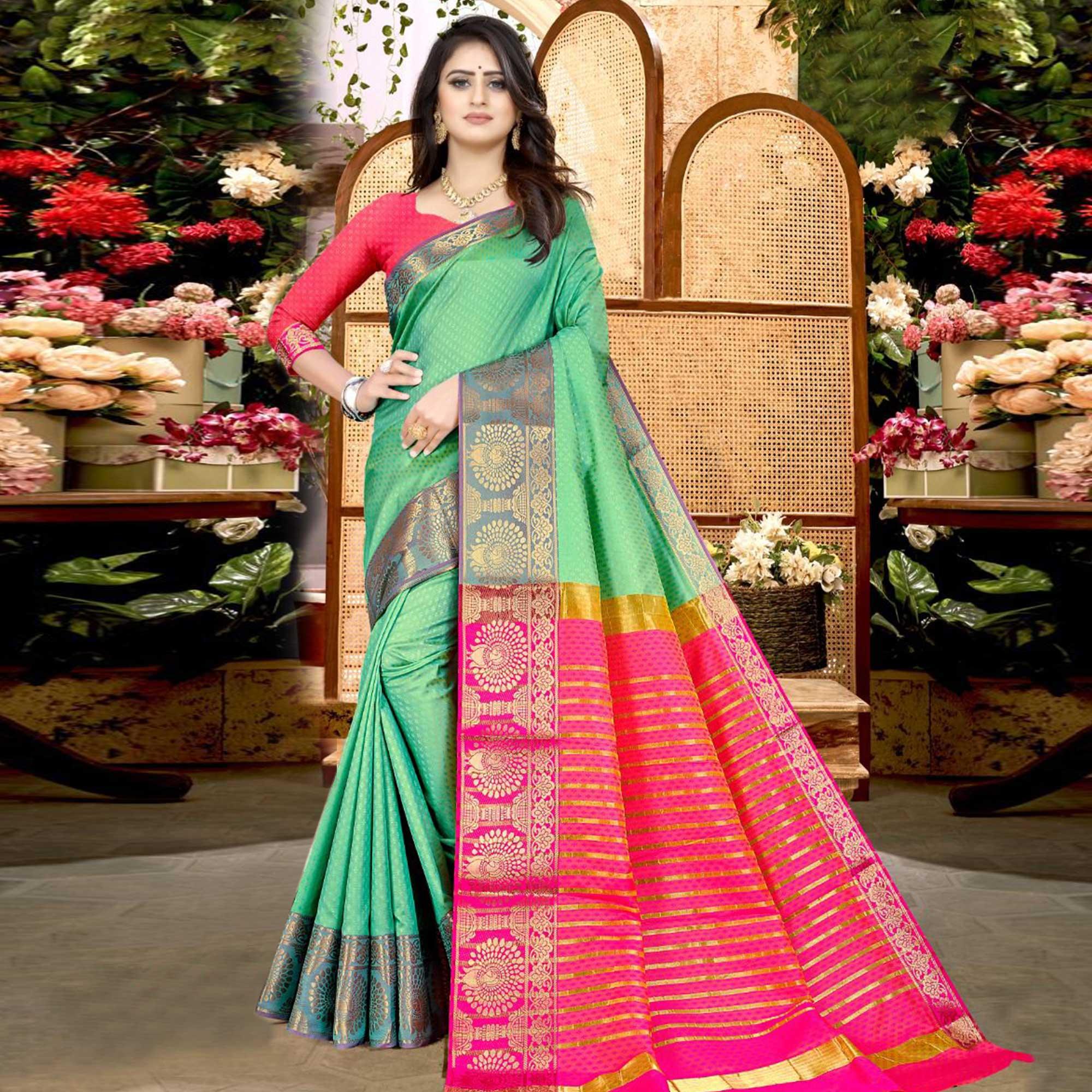 Sea Green Festive Wear Woven Soft Silk Saree - Peachmode