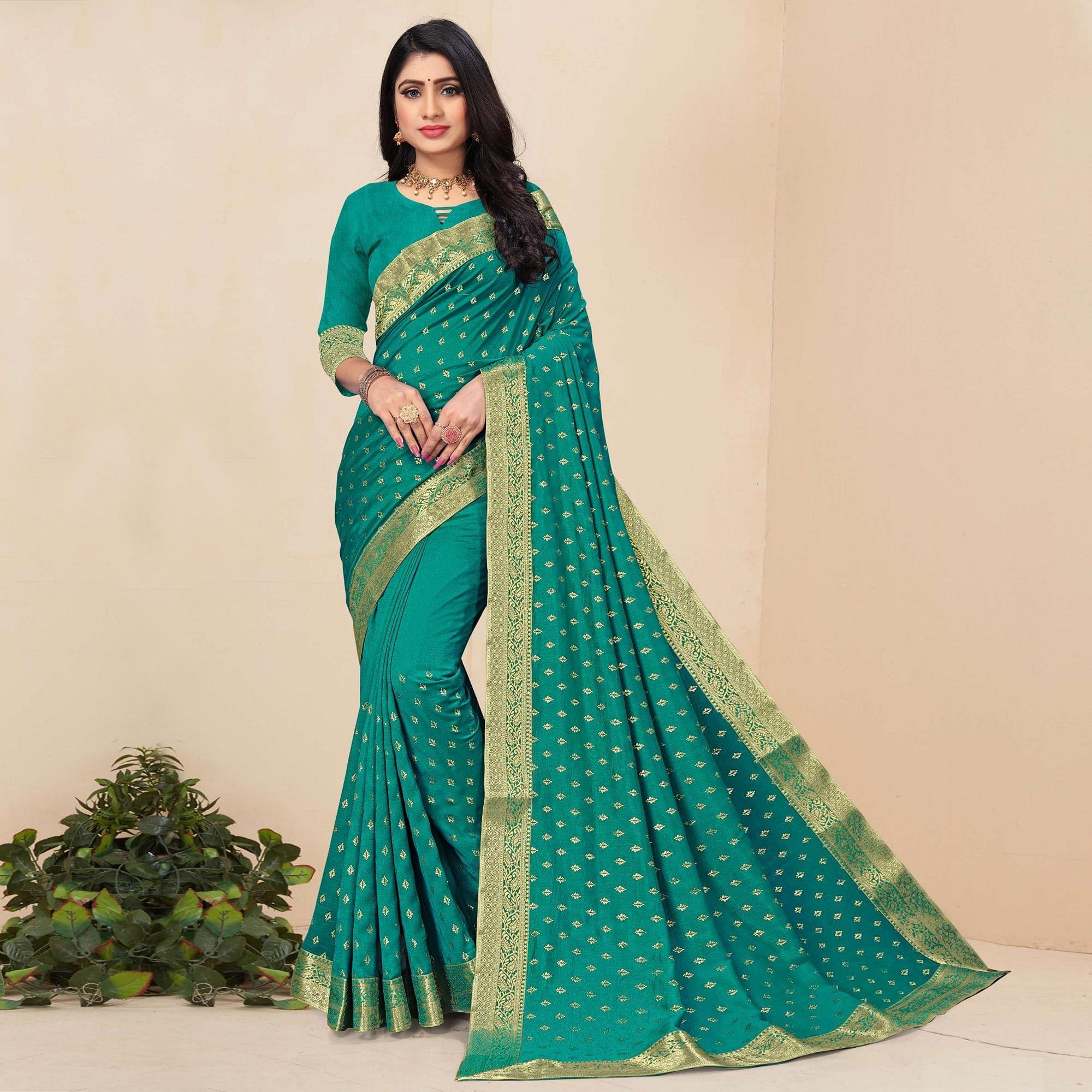 Sea Green Festive Wear Woven Vichitra Silk Saree - Peachmode