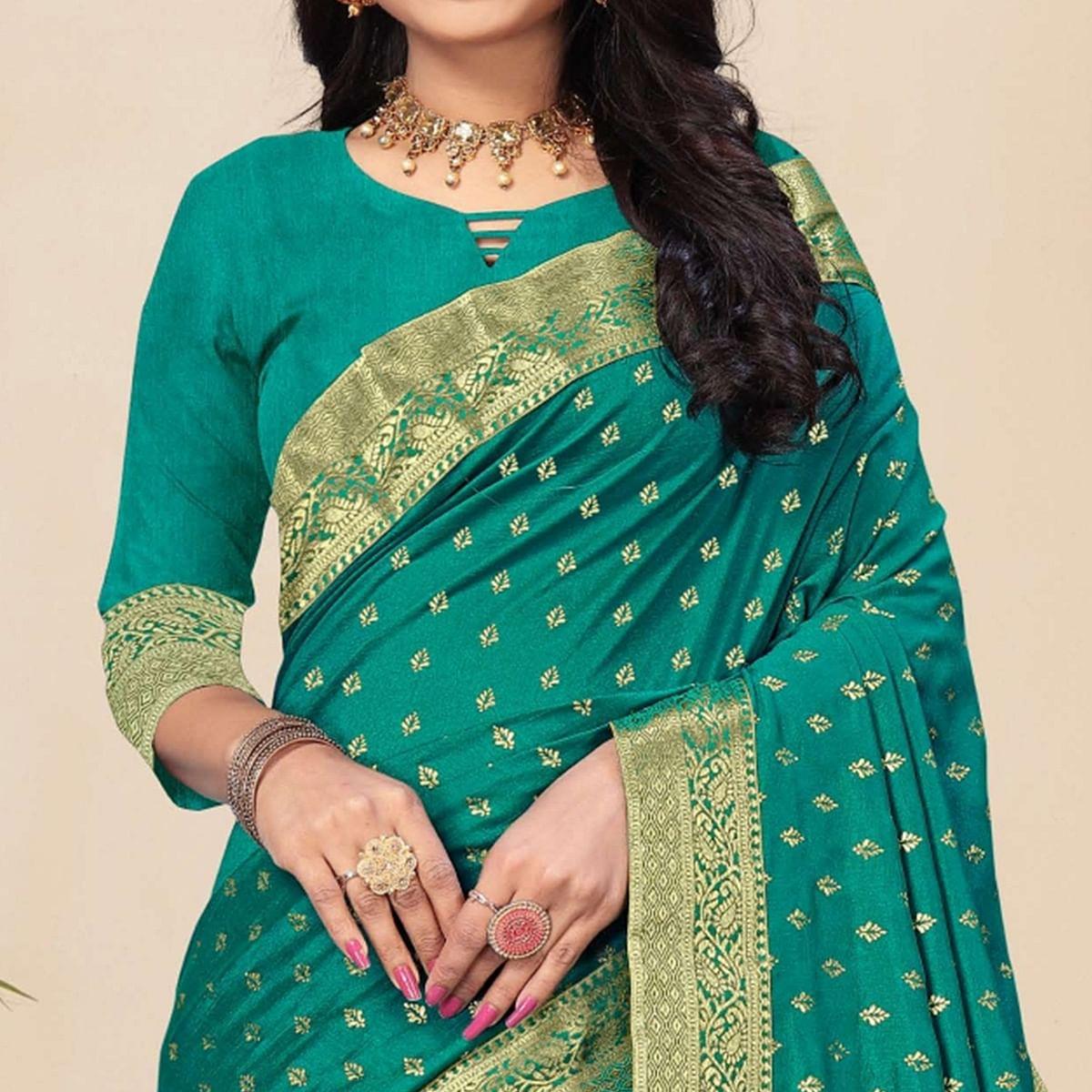 Sea Green Festive Wear Woven Vichitra Silk Saree - Peachmode