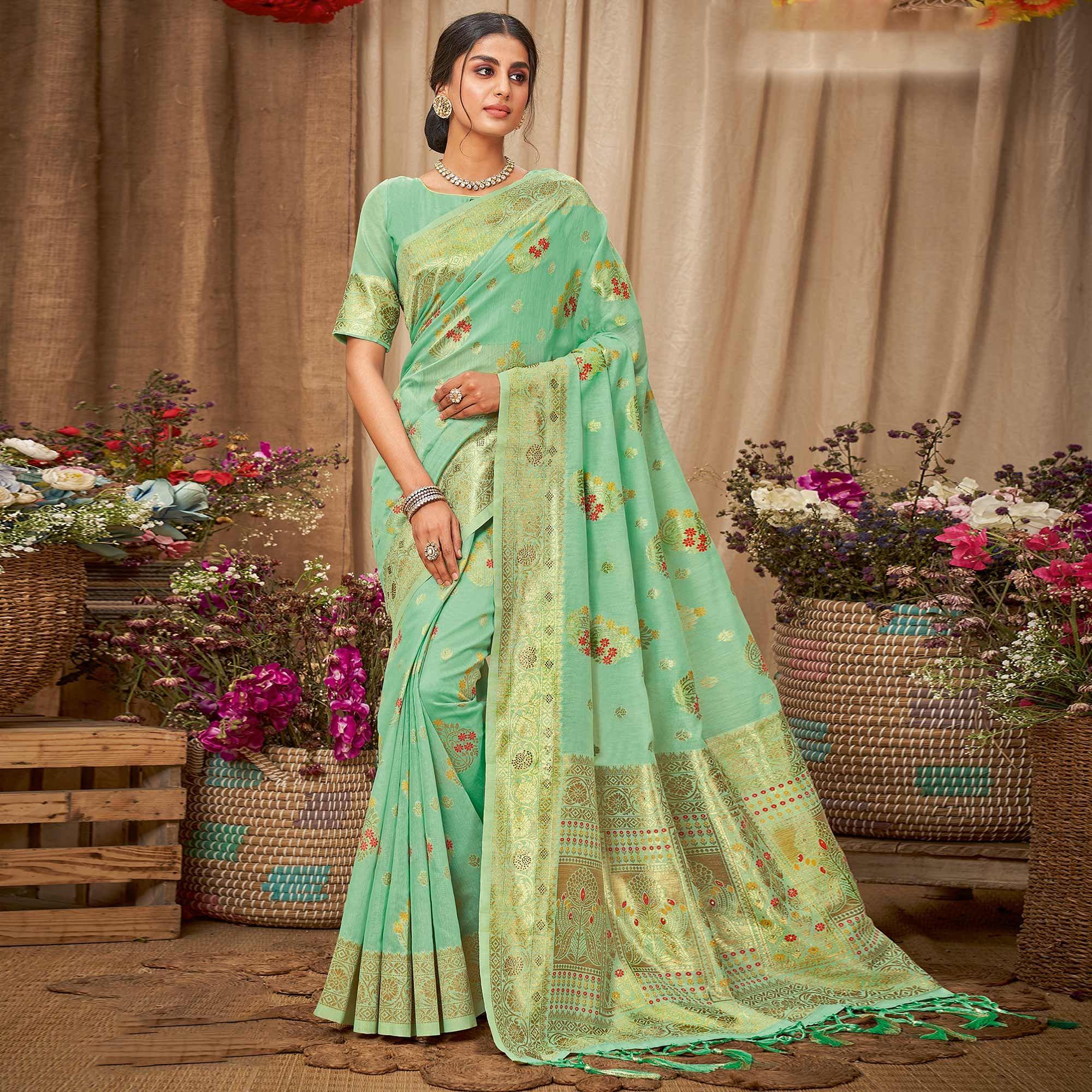 Sea Green Festive Wear Woven With Embellished Cotton Saree With Tassels - Peachmode