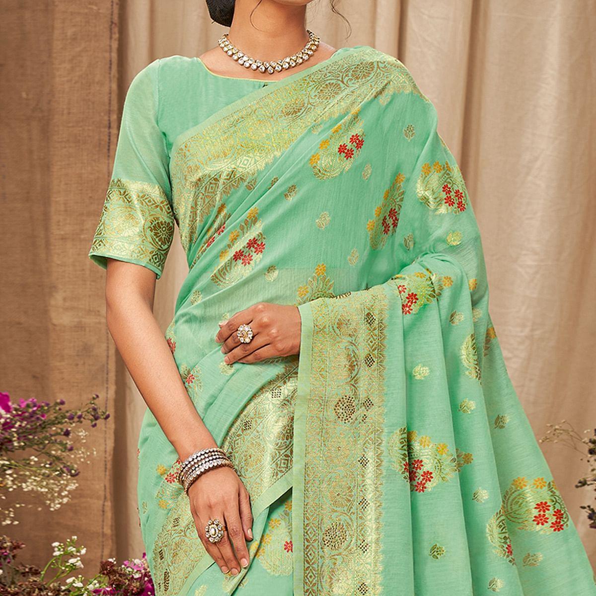 Sea Green Festive Wear Woven With Embellished Cotton Saree With Tassels - Peachmode