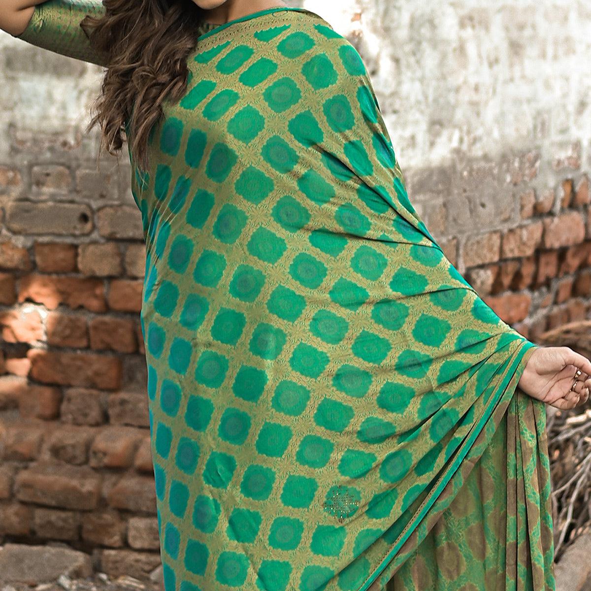 Sea Green Festive Wear Woven With Swarovski Art Silk Saree - Peachmode