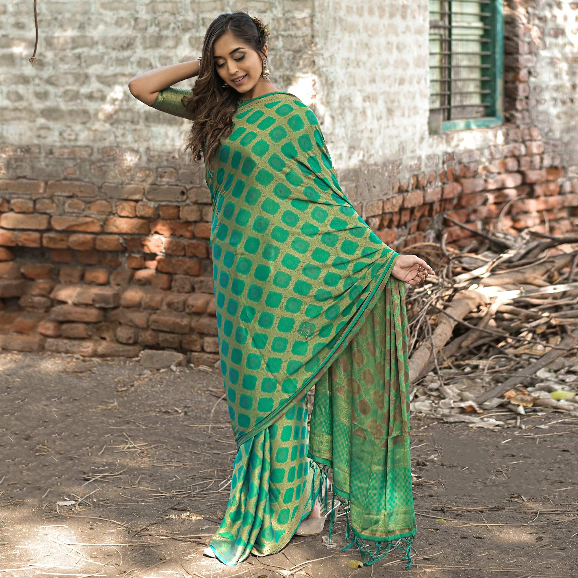 Sea Green Festive Wear Woven With Swarovski Art Silk Saree - Peachmode