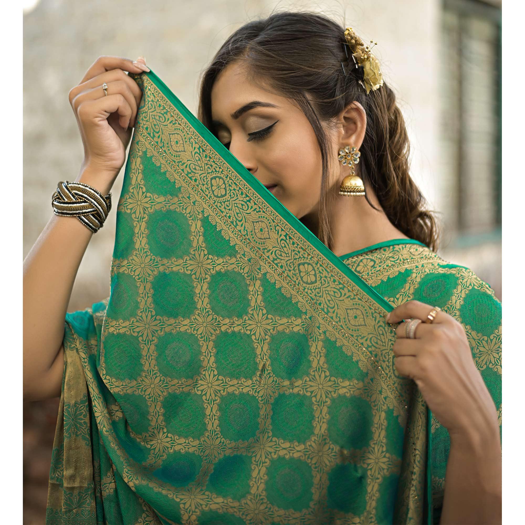 Sea Green Festive Wear Woven With Swarovski Art Silk Saree - Peachmode