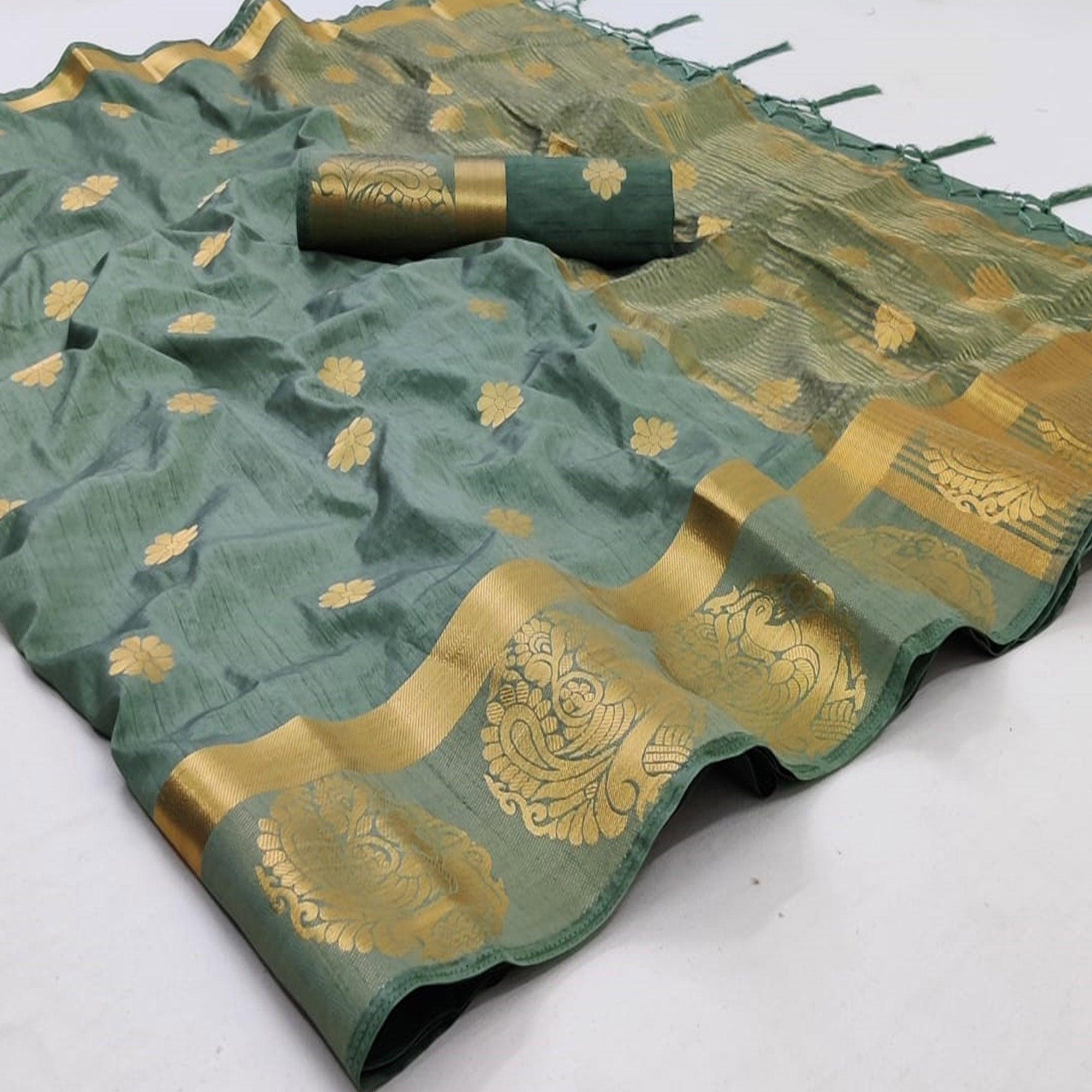 Sea green Festive Wear Zari Butta Woven Art Raw Silk Saree - Peachmode