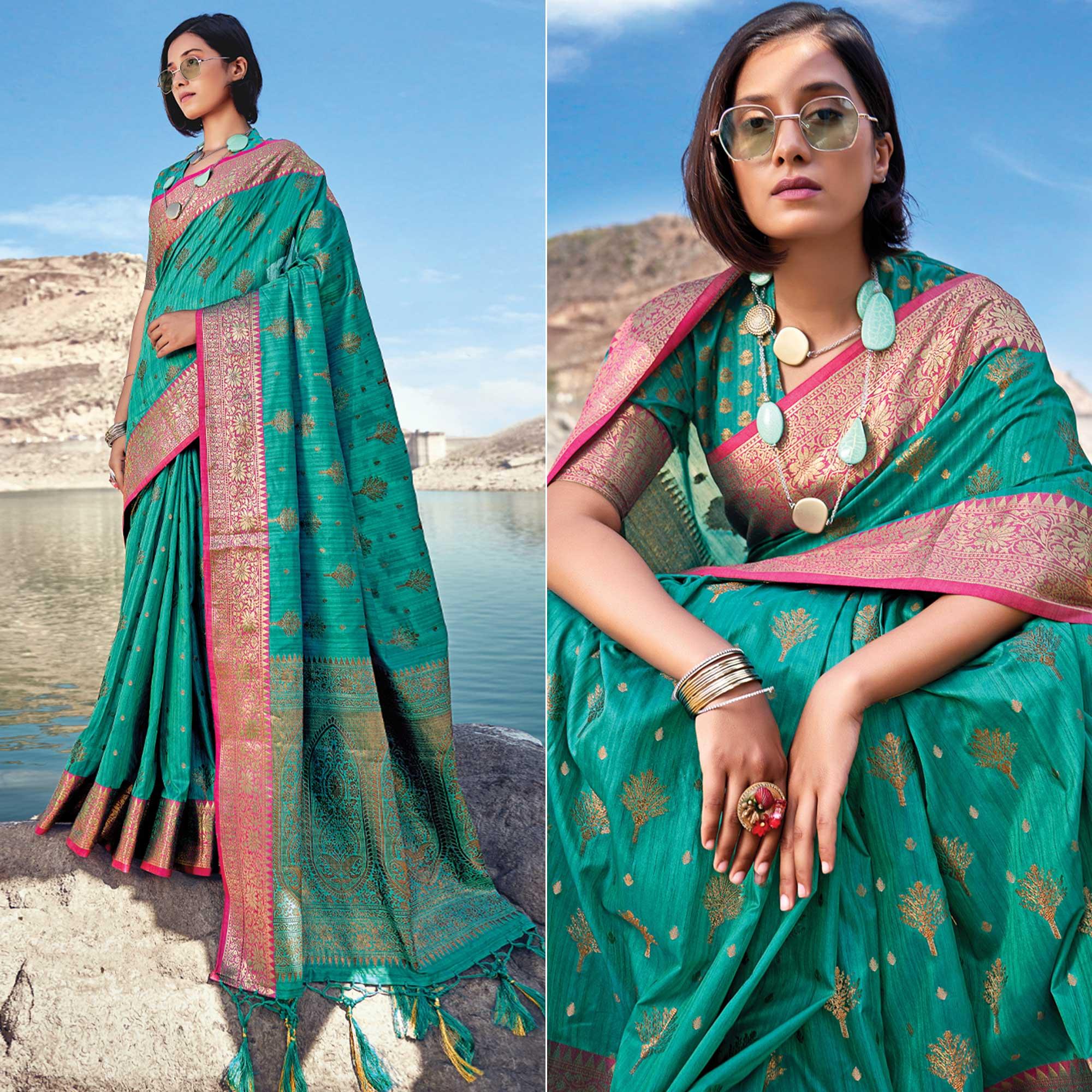 Sea Green Festive Wear Zari Woven Banarasi Silk Saree - Peachmode