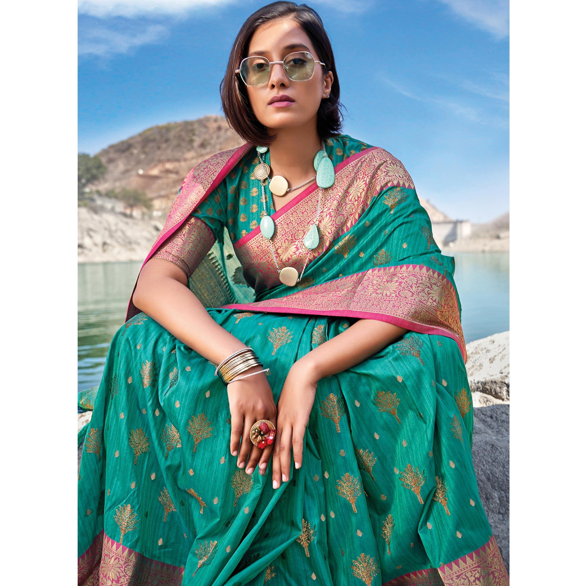 Sea Green Festive Wear Zari Woven Banarasi Silk Saree - Peachmode