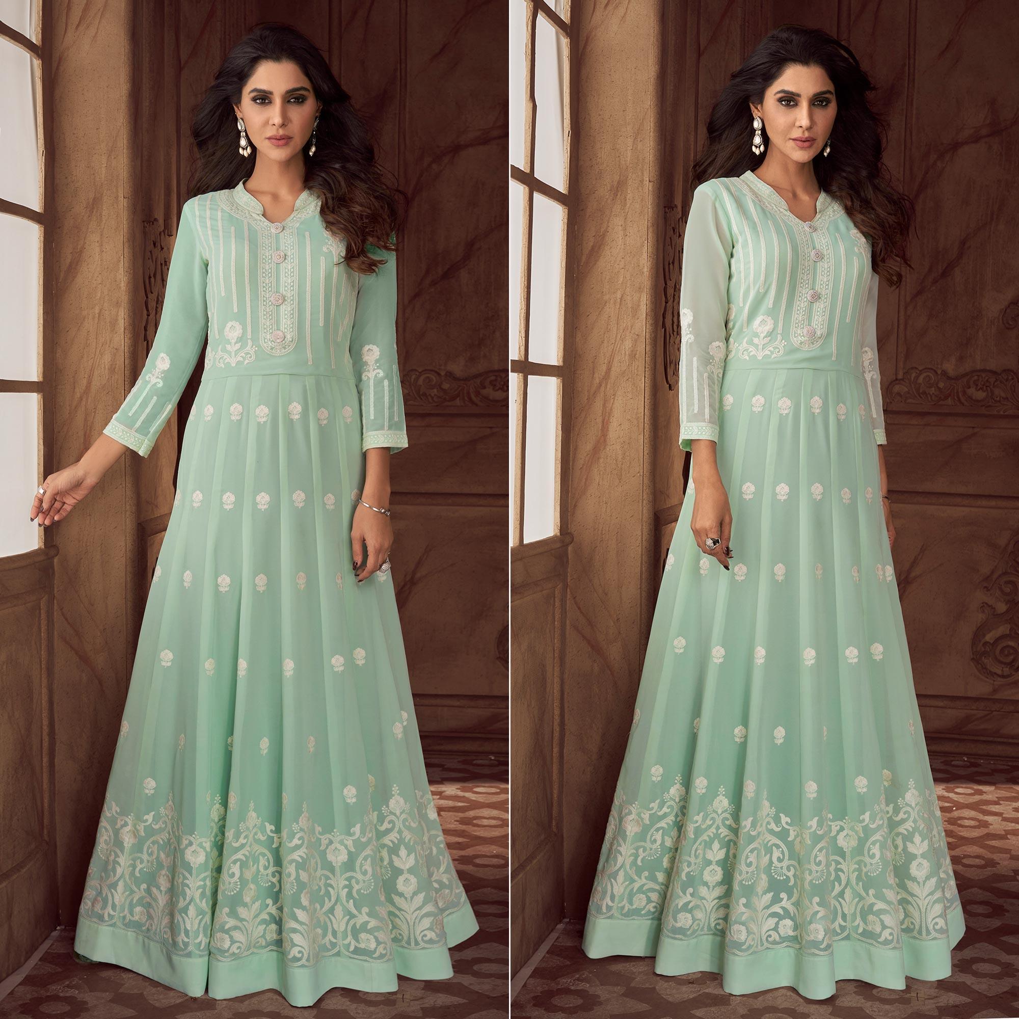 Sea Green Floral Embroidered Georgette Gown - Peachmode