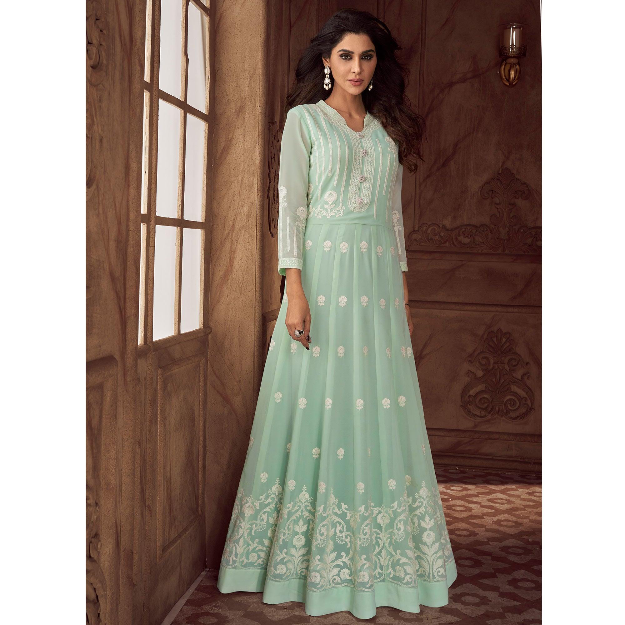 Sea Green Floral Embroidered Georgette Gown - Peachmode