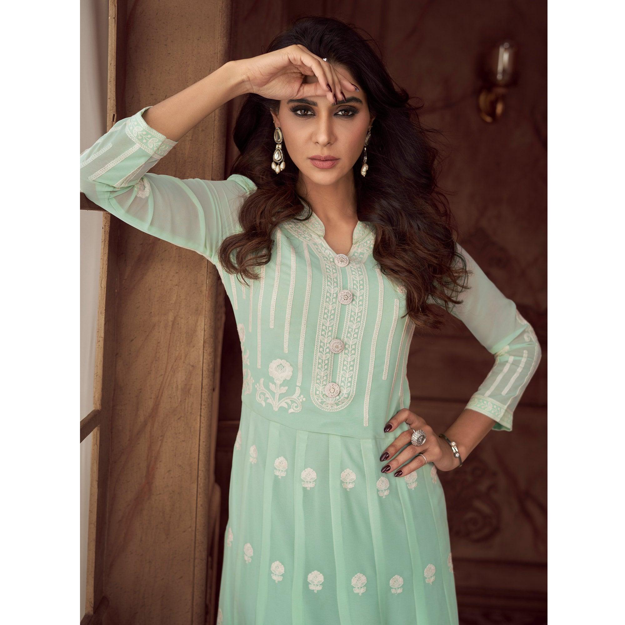 Sea Green Floral Embroidered Georgette Gown - Peachmode