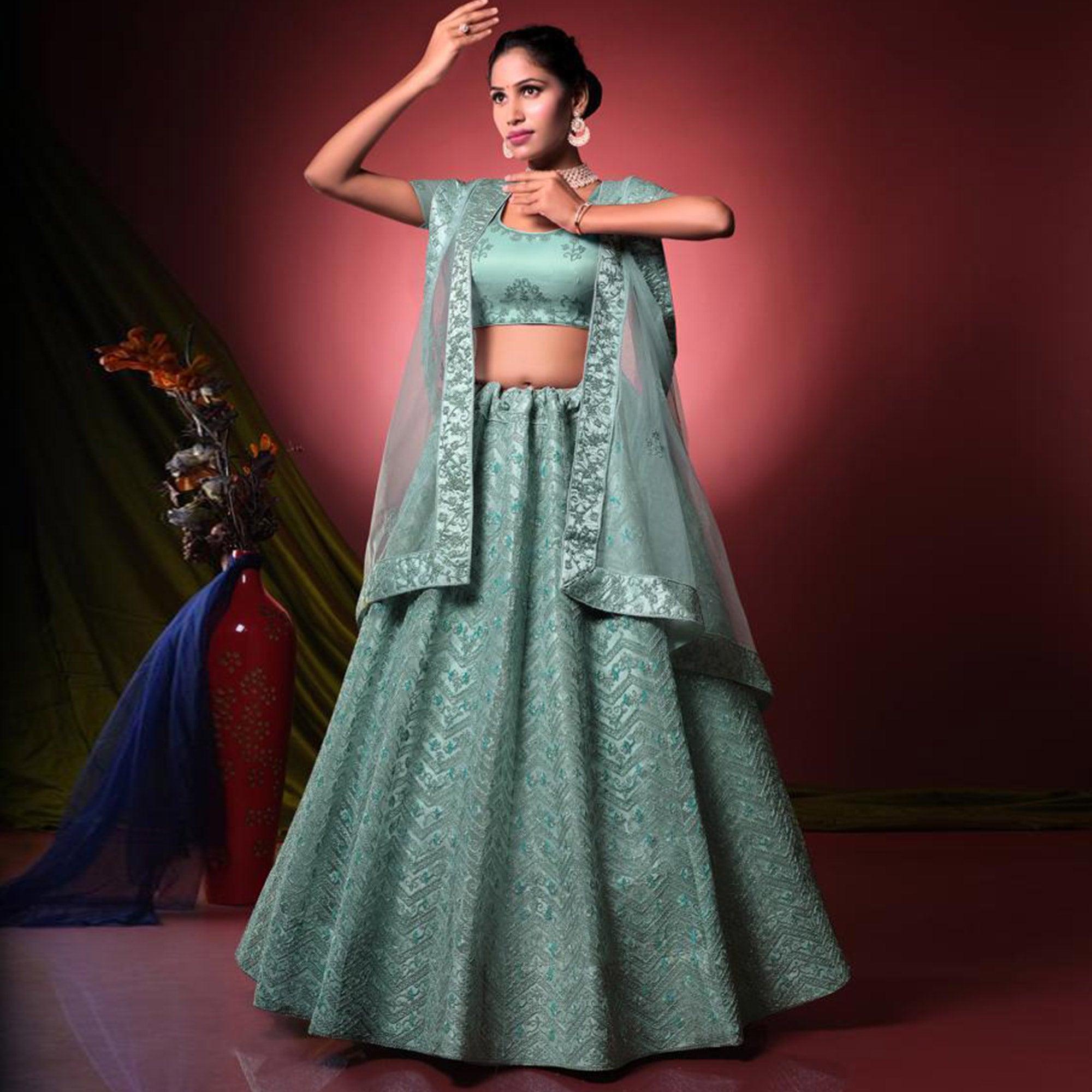 Sea Green Floral Embroidered Net Lehenga Choli - Peachmode