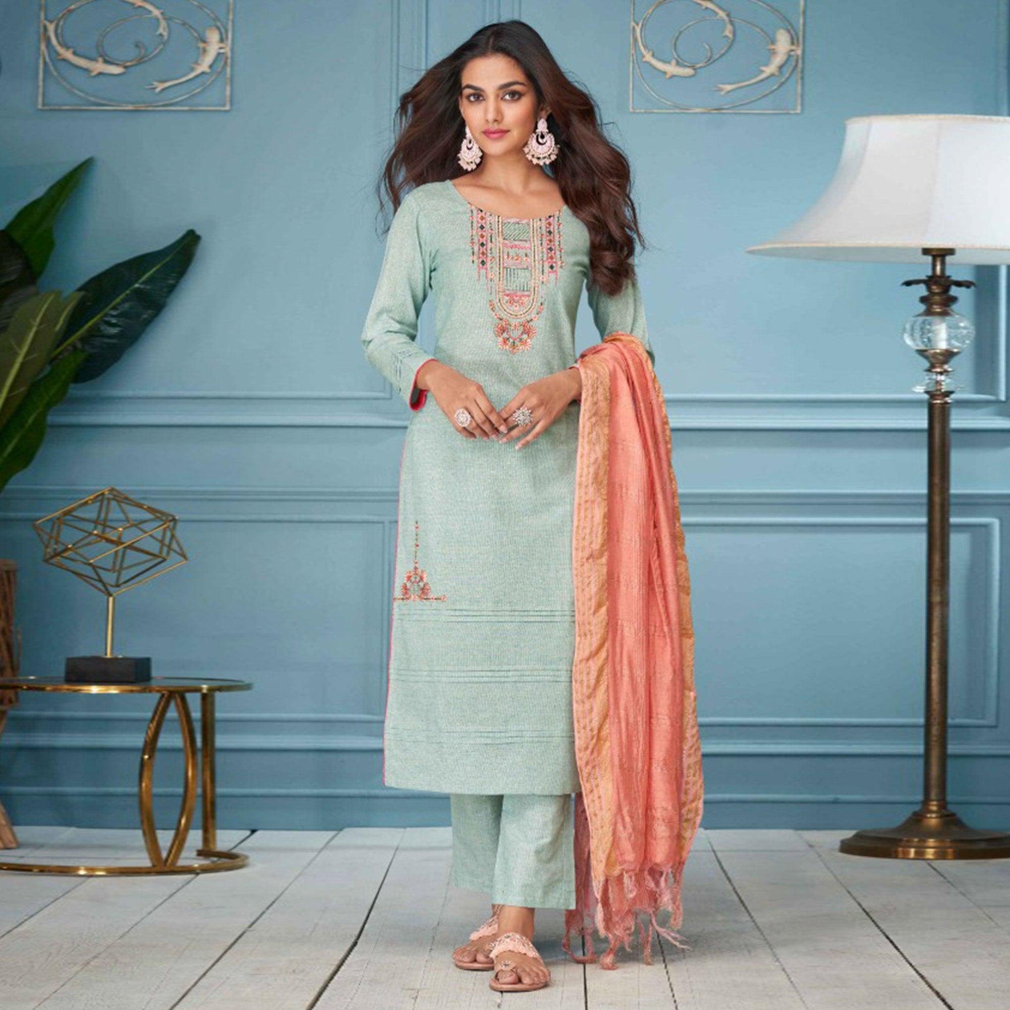 Sea Green Floral Embroidered Pure Cotton Kurti Pant Set With Dupatta - Peachmode