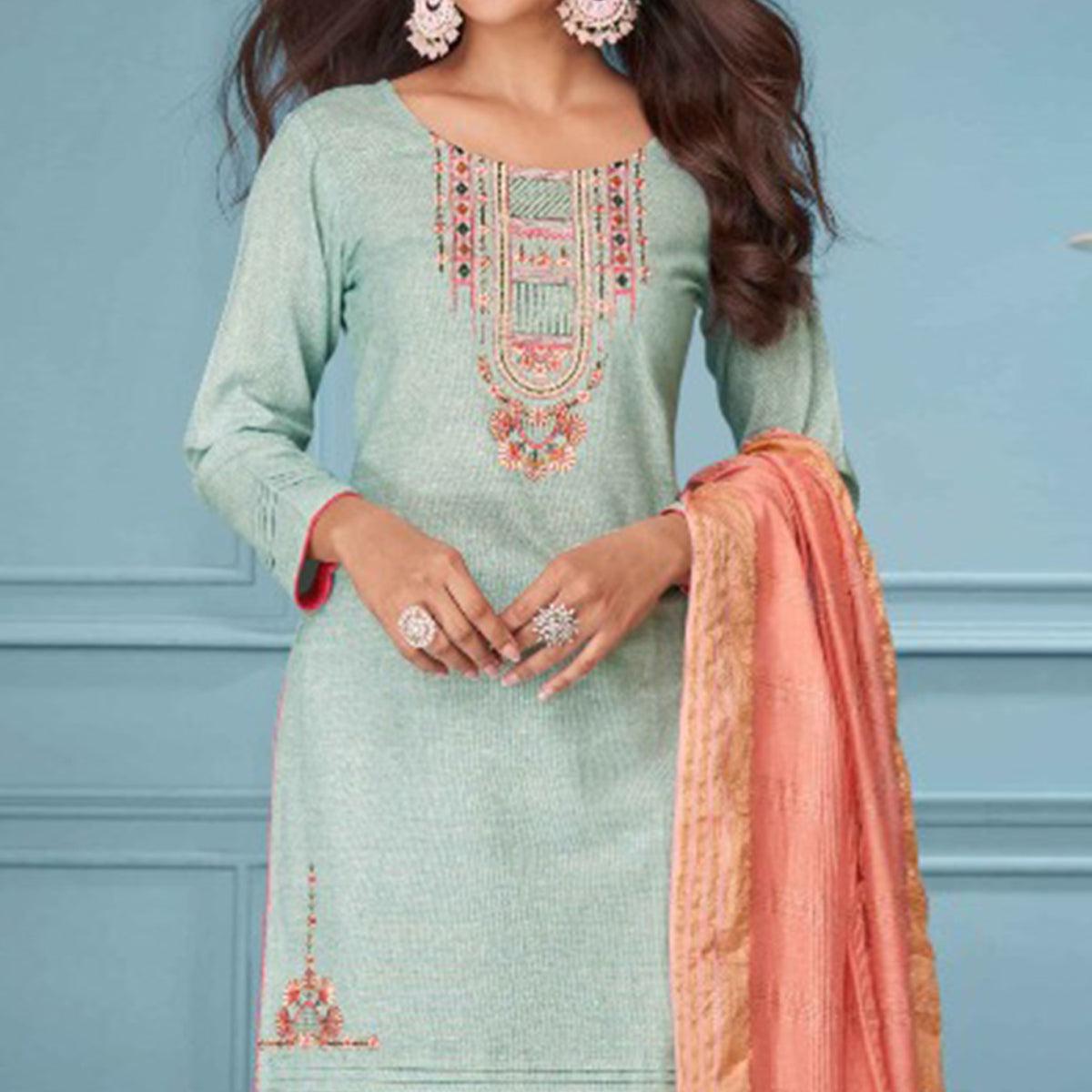 Sea Green Floral Embroidered Pure Cotton Kurti Pant Set With Dupatta - Peachmode