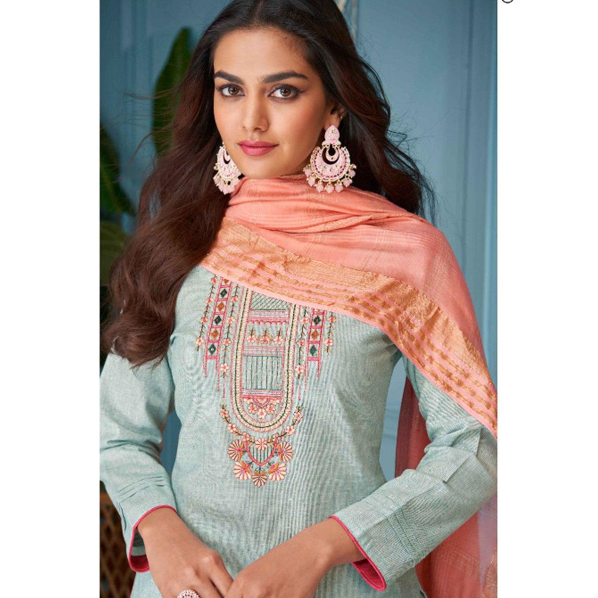 Sea Green Floral Embroidered Pure Cotton Kurti Pant Set With Dupatta - Peachmode