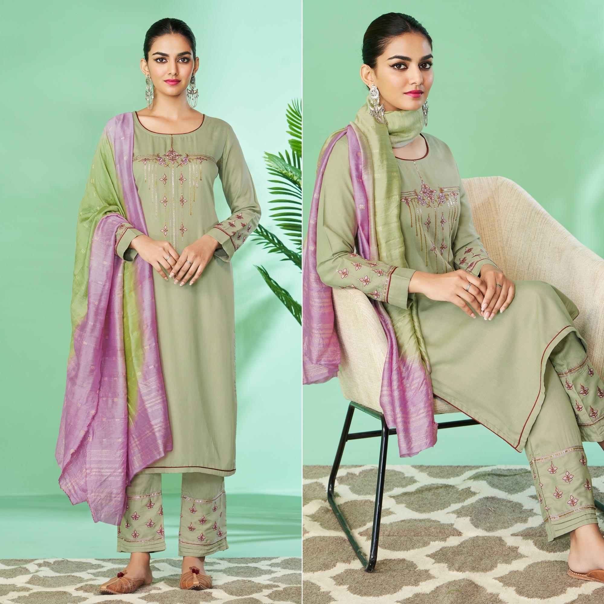 Sea-Green Floral Embroidered Rayon Kurti Pant Set - Peachmode