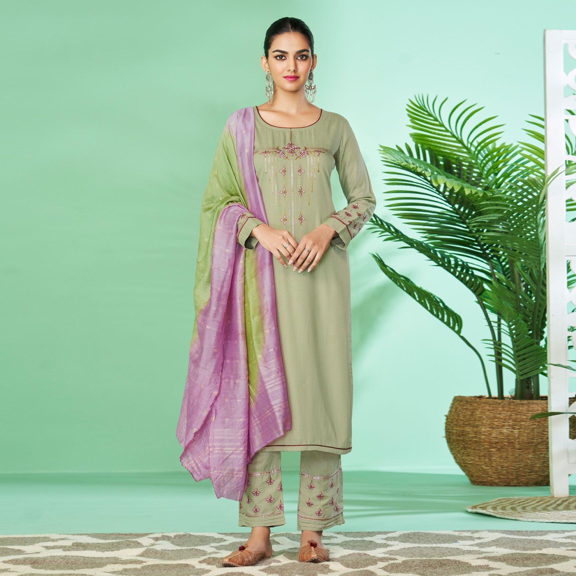 Sea-Green Floral Embroidered Rayon Kurti Pant Set - Peachmode
