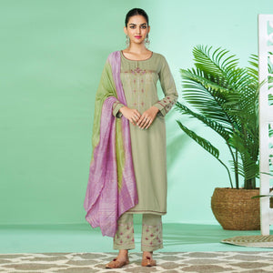 Sea-Green Floral Embroidered Rayon Kurti Pant Set - Peachmode