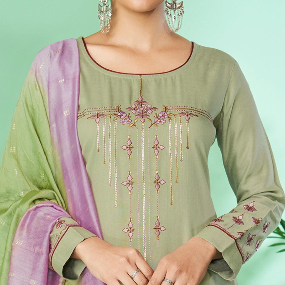 Sea-Green Floral Embroidered Rayon Kurti Pant Set - Peachmode