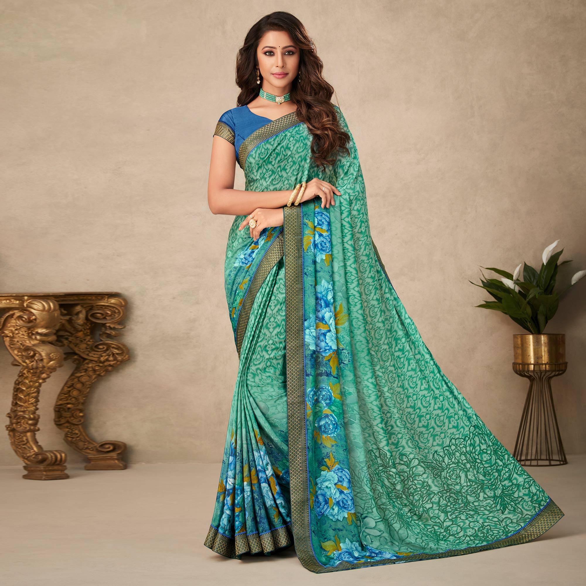 Sea Green Floral Printed Art Silk Saree - Peachmode