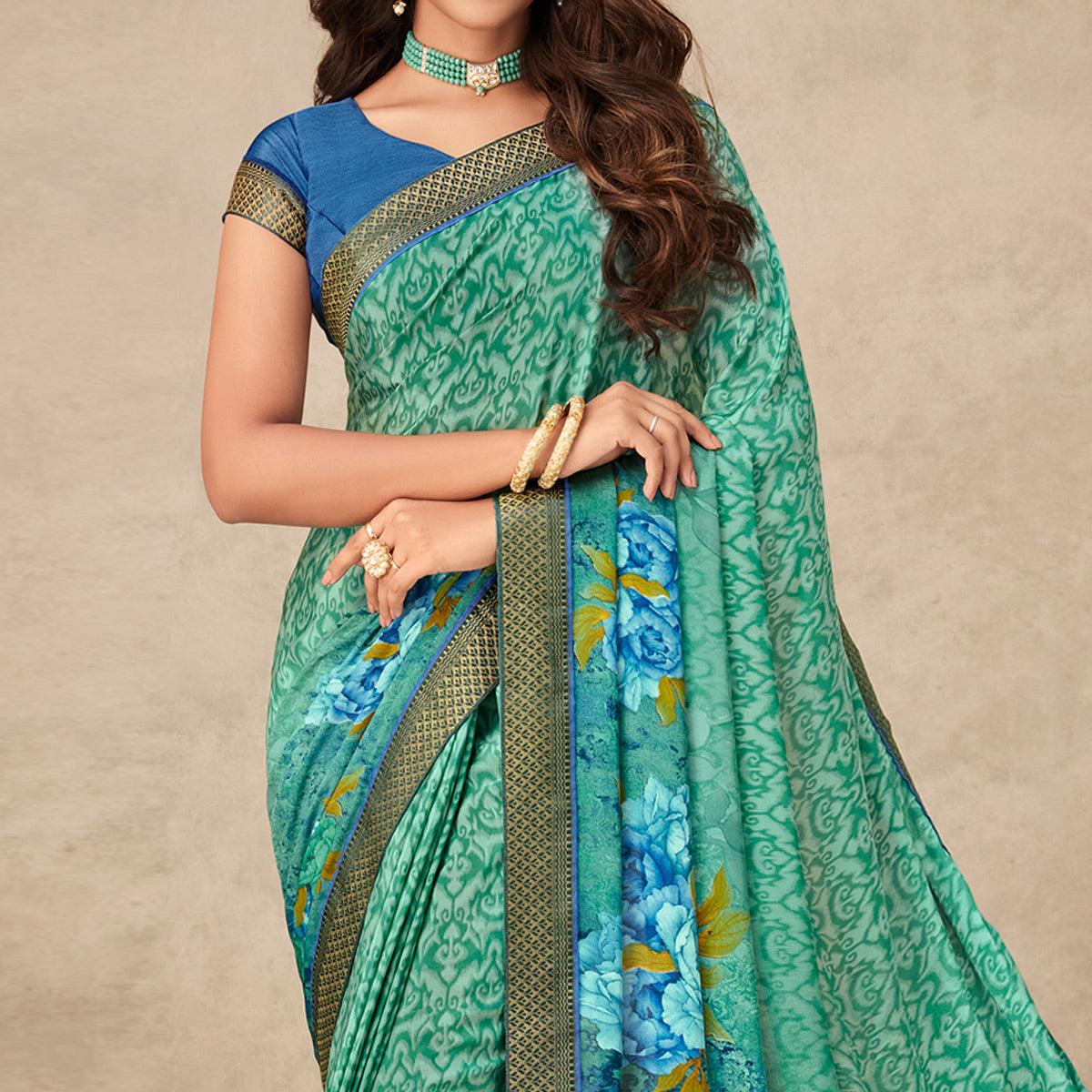 Sea Green Floral Printed Art Silk Saree - Peachmode