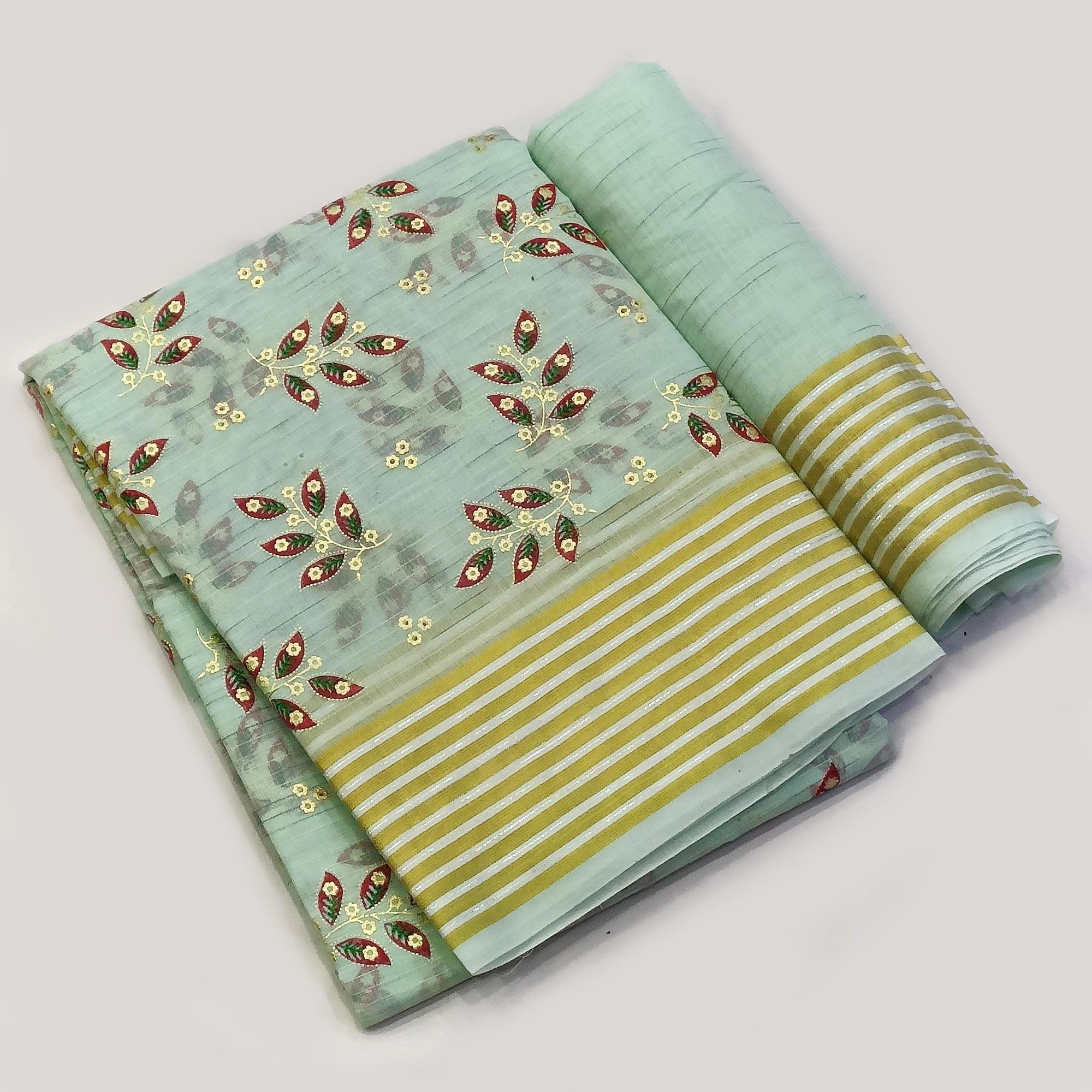 Sea Green Floral Printed Pure Cotton Saree - Peachmode