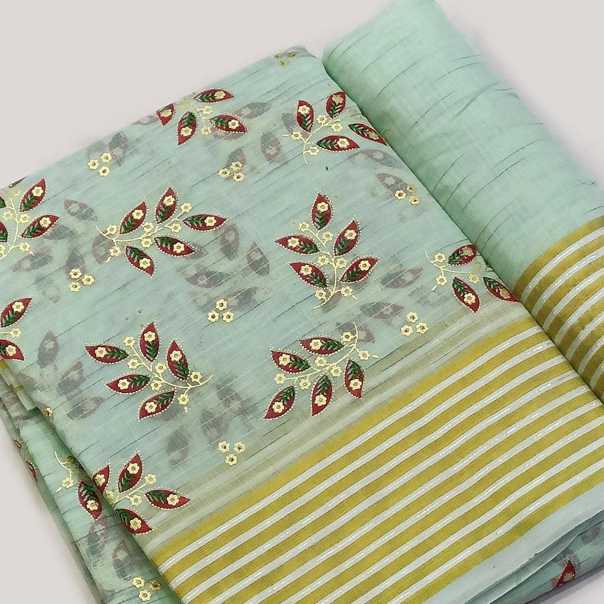 Sea Green Floral Printed Pure Cotton Saree - Peachmode