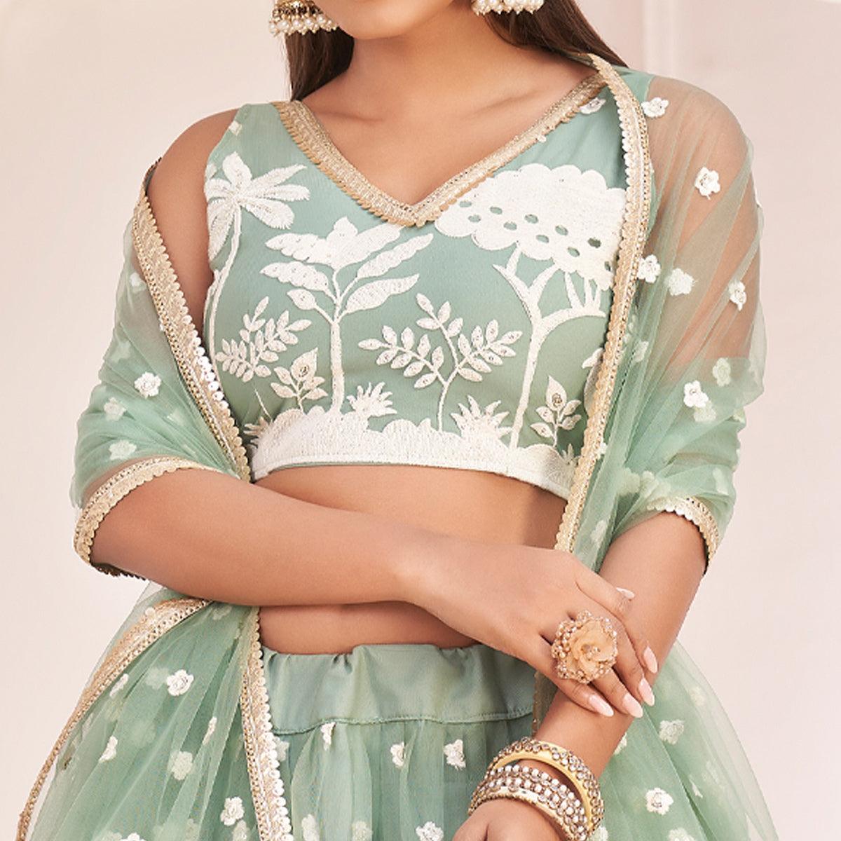Sea Green Floral Sequence Embroidered Net Lehenga Choli - Peachmode