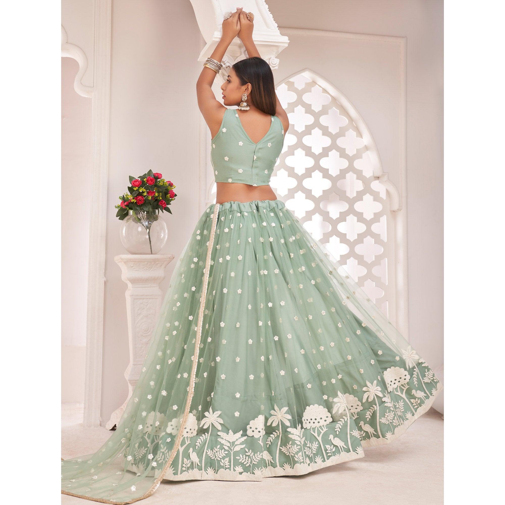 Sea Green Floral Sequence Embroidered Net Lehenga Choli - Peachmode