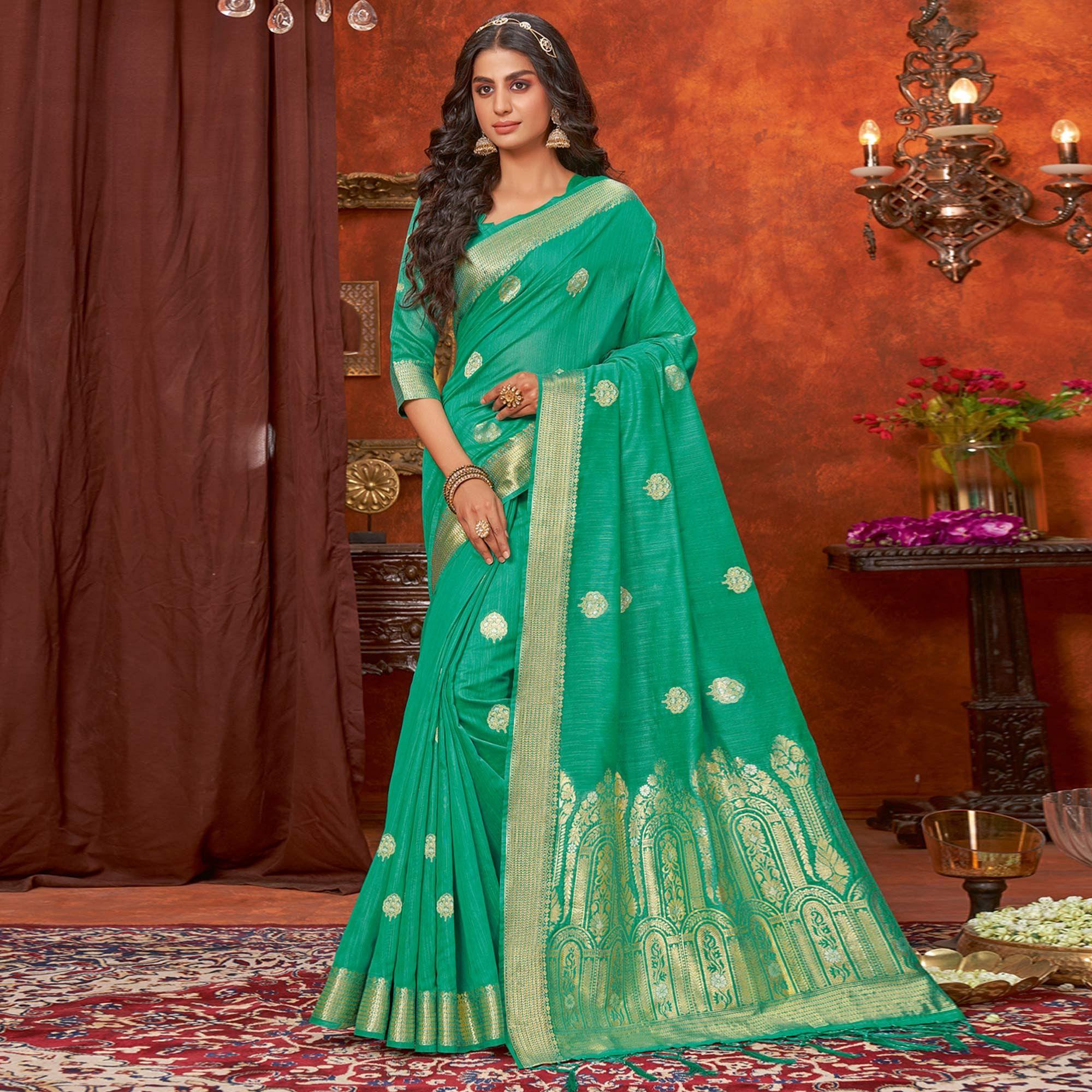 Sea Green Floral Woven Pure Cotton Saree - Peachmode