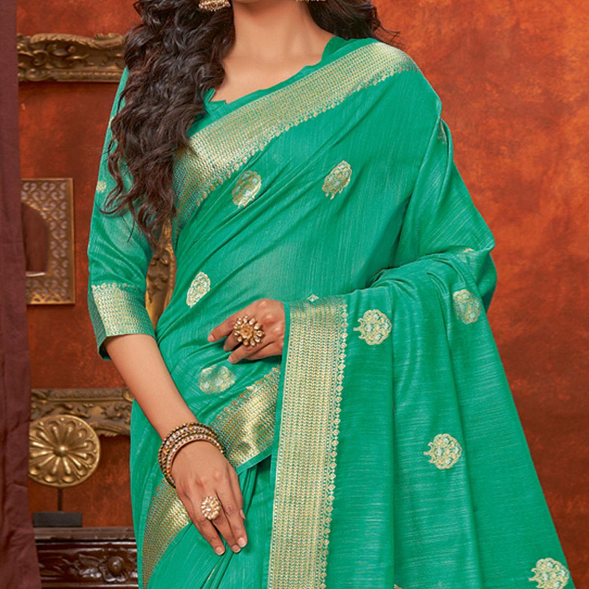 Sea Green Floral Woven Pure Cotton Saree - Peachmode