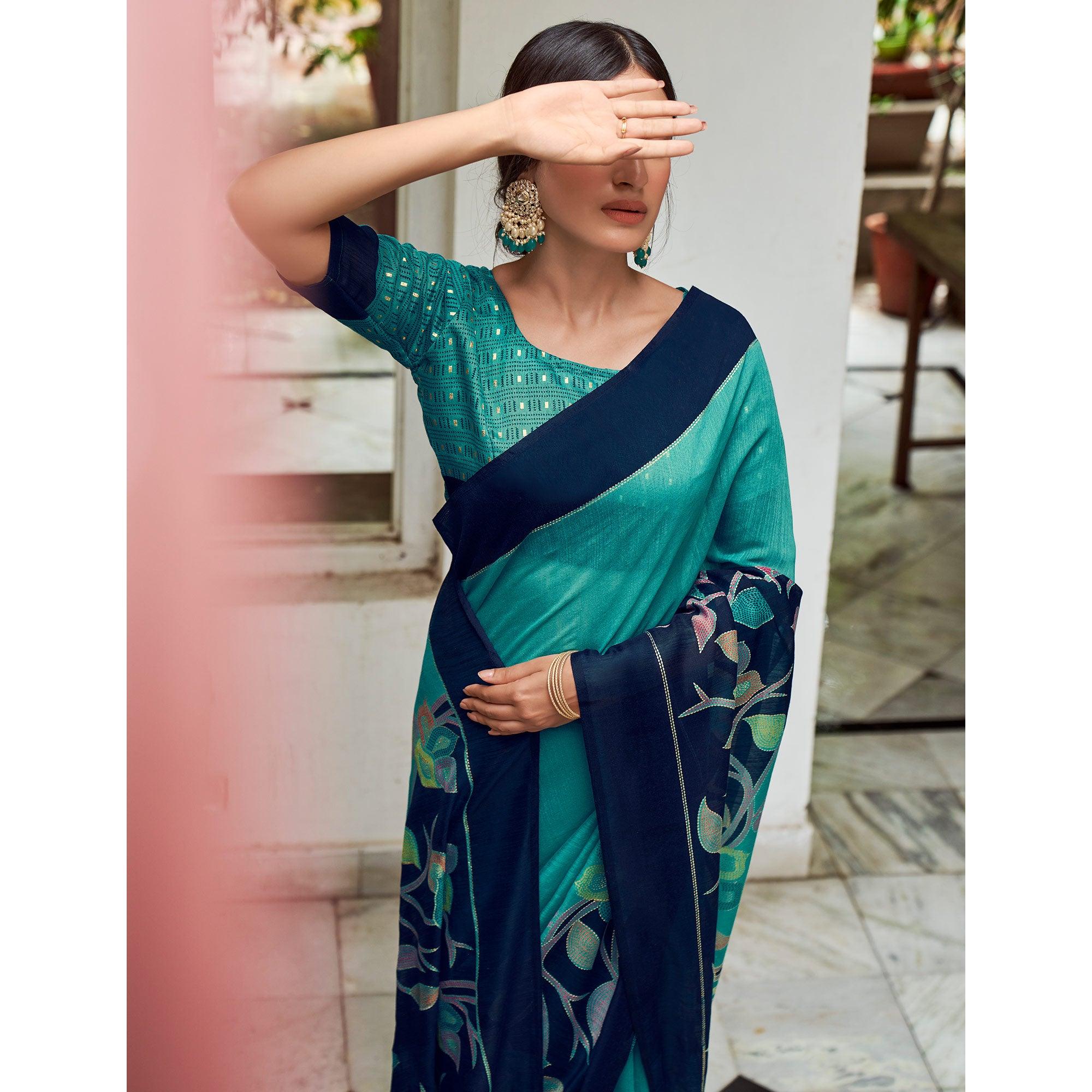 Sea Green Foil Digital Printed Poly Cotton Saree - Peachmode