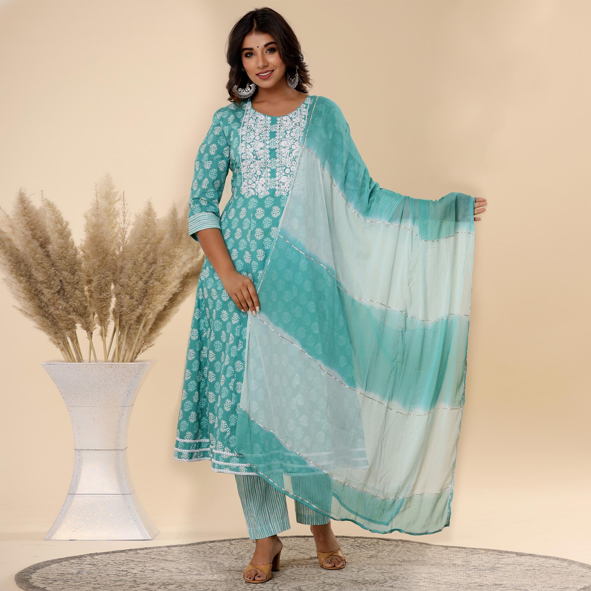 Sea Green Jaipuri Printed Cotton Silk Anarkali Kurti Pant Set With Dupatta - Peachmode