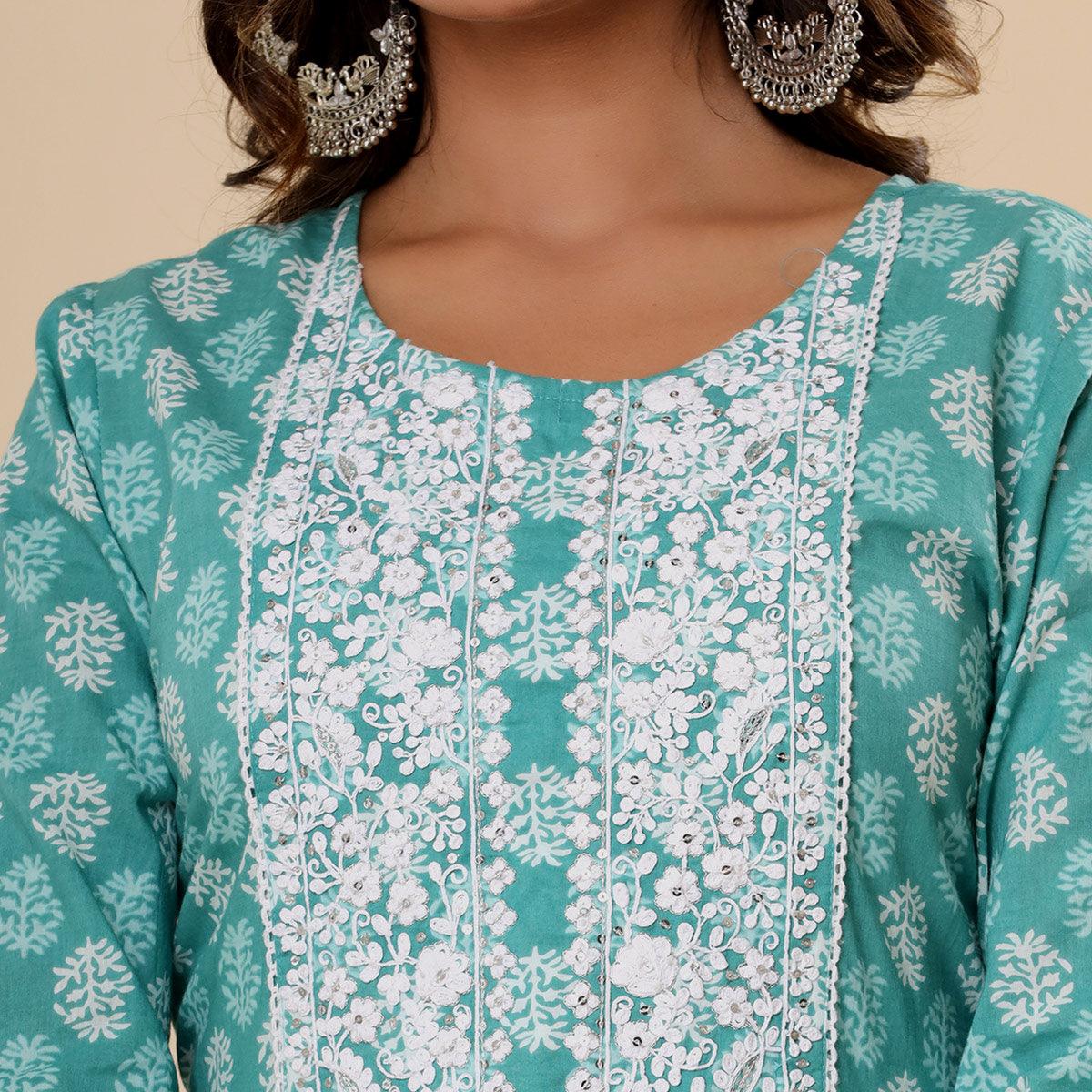 Sea Green Jaipuri Printed Cotton Silk Anarkali Kurti Pant Set With Dupatta - Peachmode