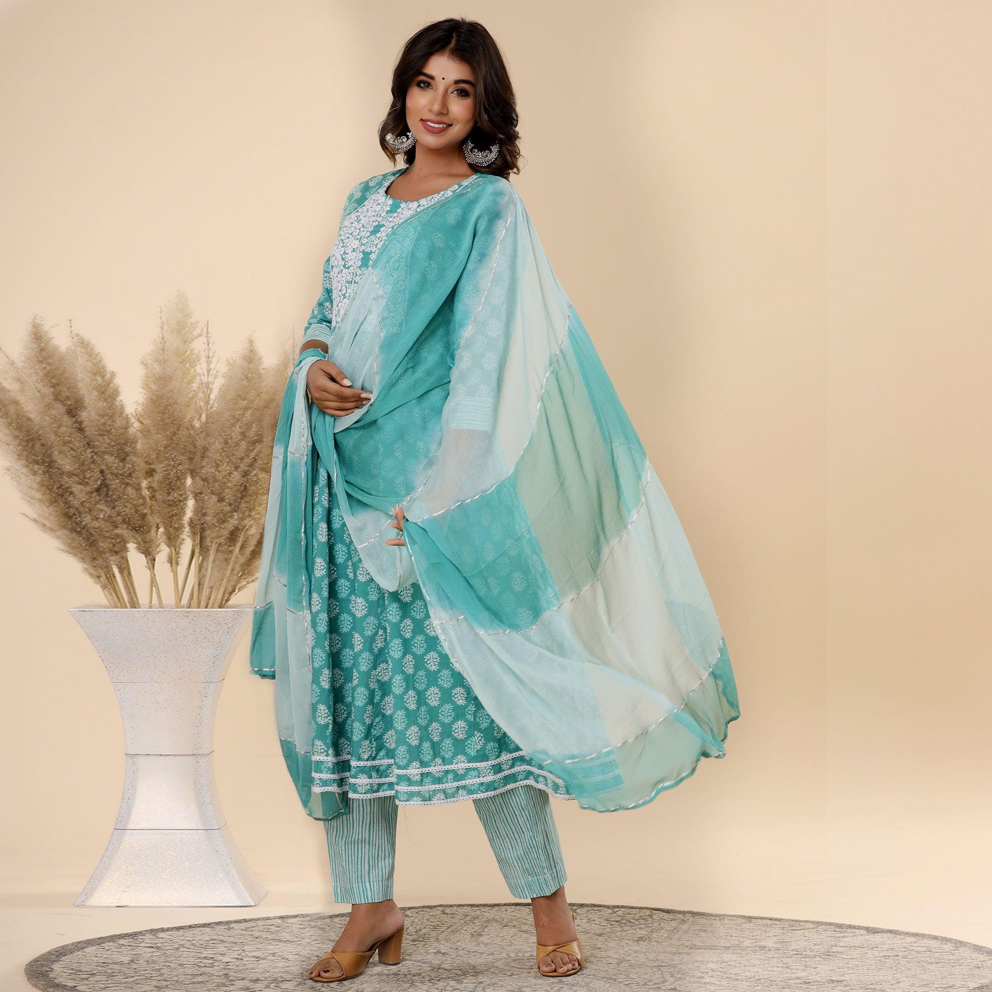 Sea Green Jaipuri Printed Cotton Silk Anarkali Kurti Pant Set With Dupatta - Peachmode