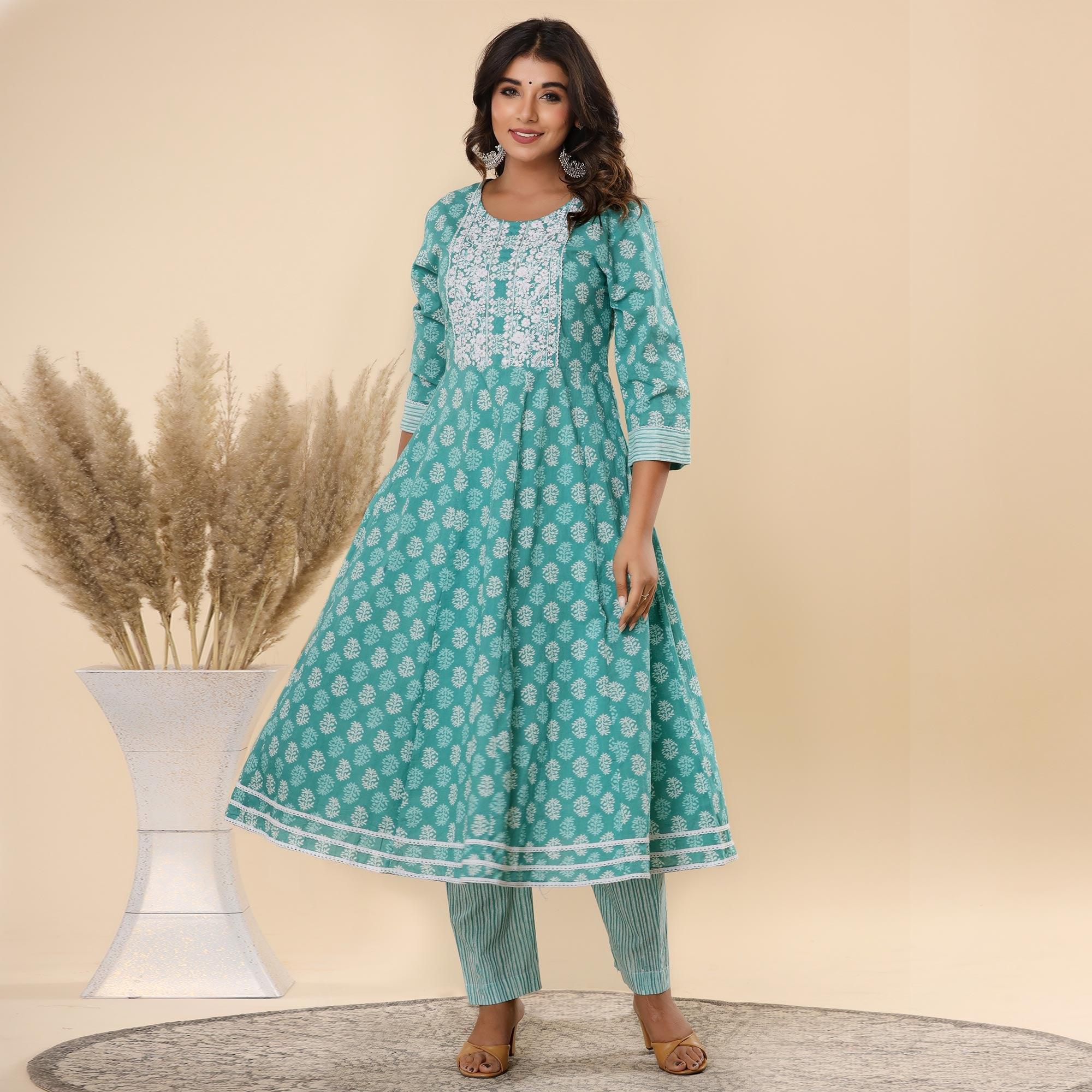 Sea Green Jaipuri Printed Cotton Silk Anarkali Kurti Pant Set With Dupatta - Peachmode