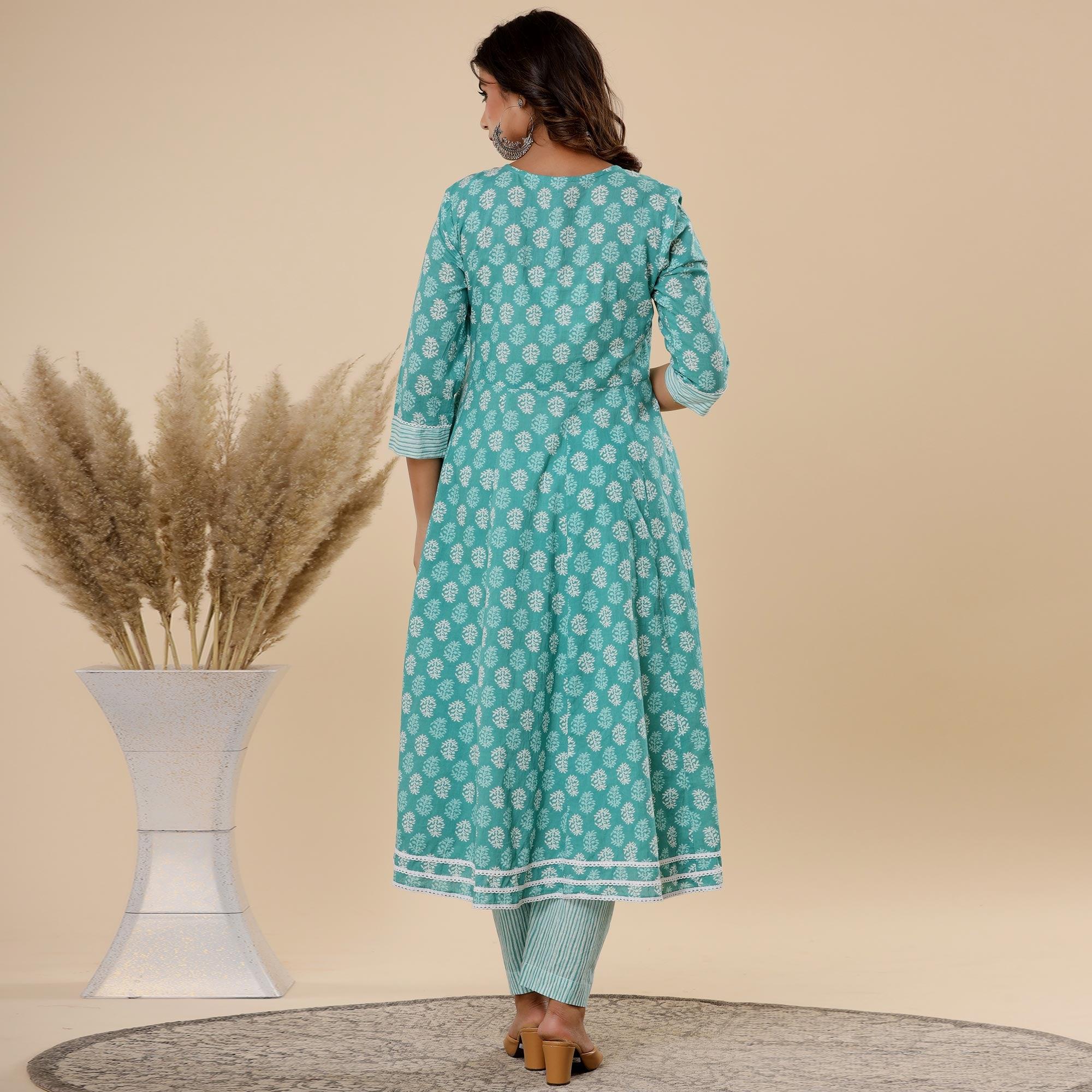 Sea Green Jaipuri Printed Cotton Silk Anarkali Kurti Pant Set With Dupatta - Peachmode