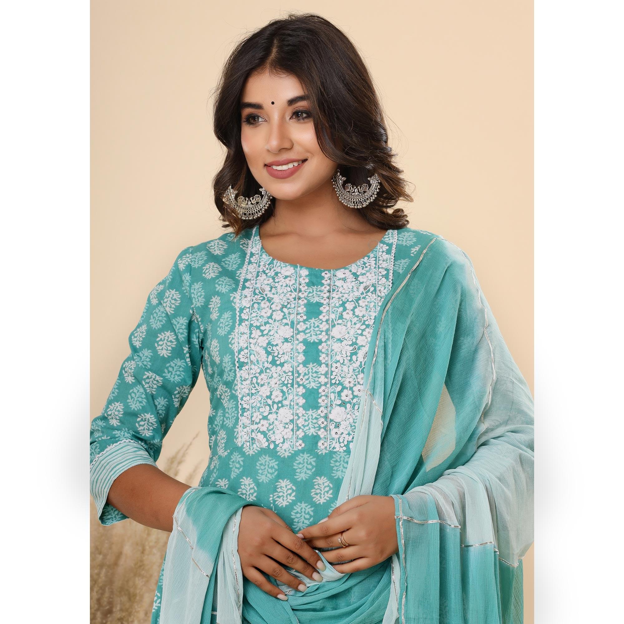 Sea Green Jaipuri Printed Cotton Silk Anarkali Kurti Pant Set With Dupatta - Peachmode