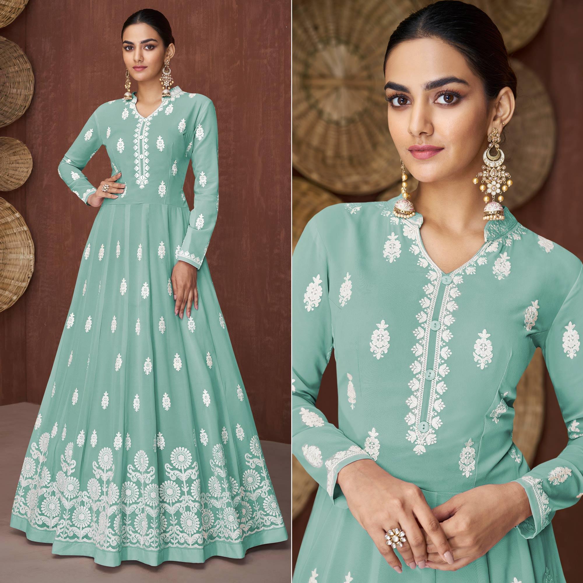 Sea Green Lucknowi Embroidered Georgette Gown - Peachmode
