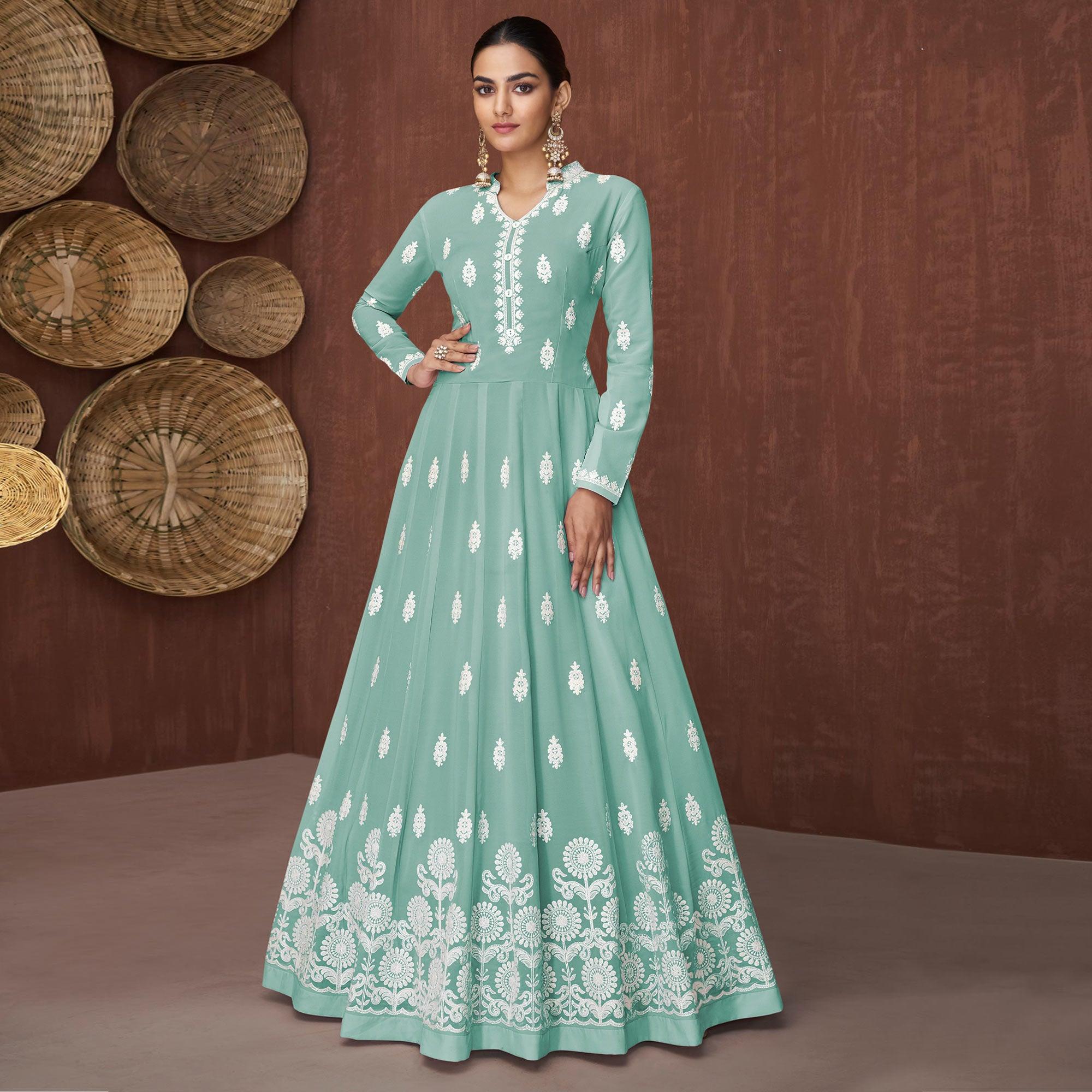 Sea Green Lucknowi Embroidered Georgette Gown - Peachmode
