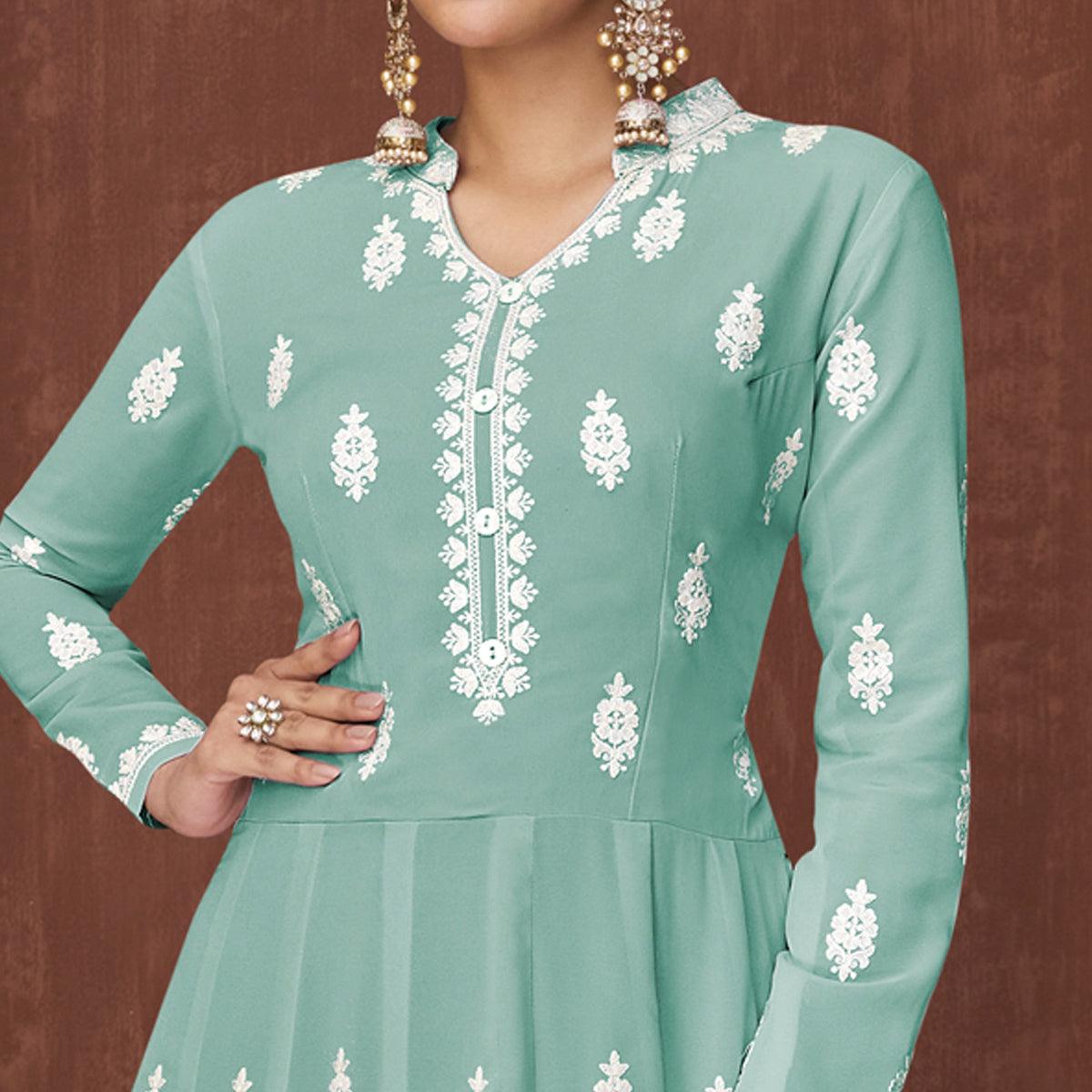 Sea Green Lucknowi Embroidered Georgette Gown - Peachmode