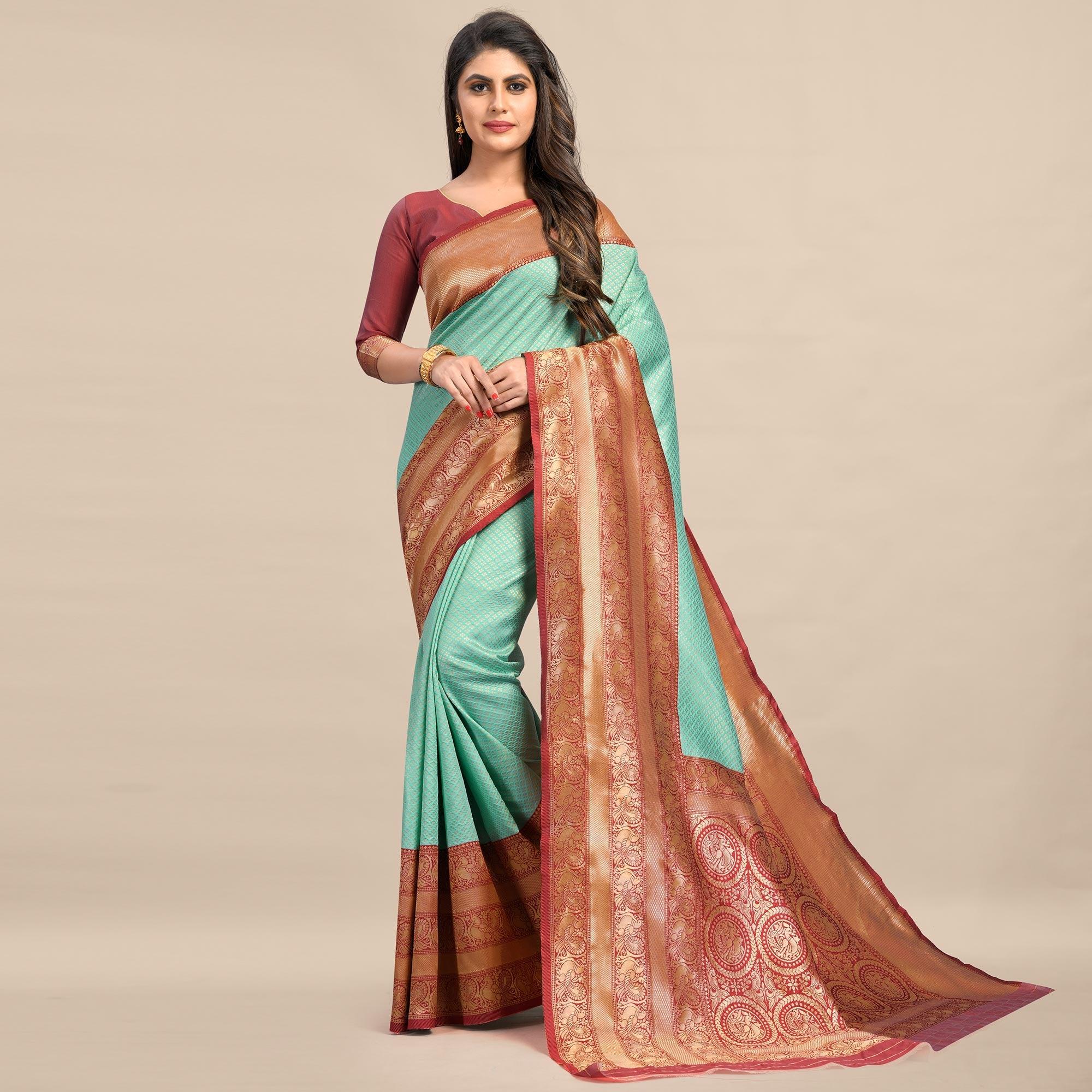 Sea Green-Maroon Festive Wear Rich Woven Border Soft Banarasi Silk Saree - Peachmode