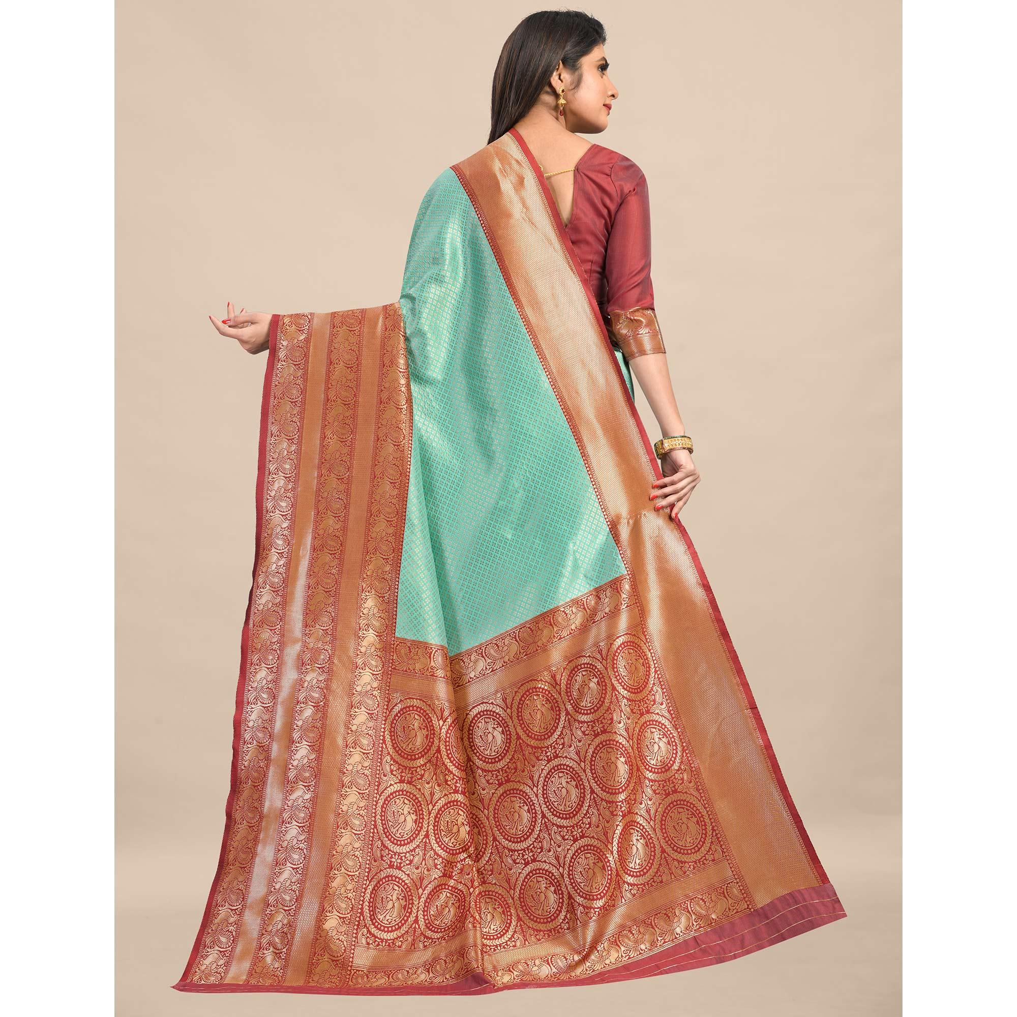 Sea Green-Maroon Festive Wear Rich Woven Border Soft Banarasi Silk Saree - Peachmode