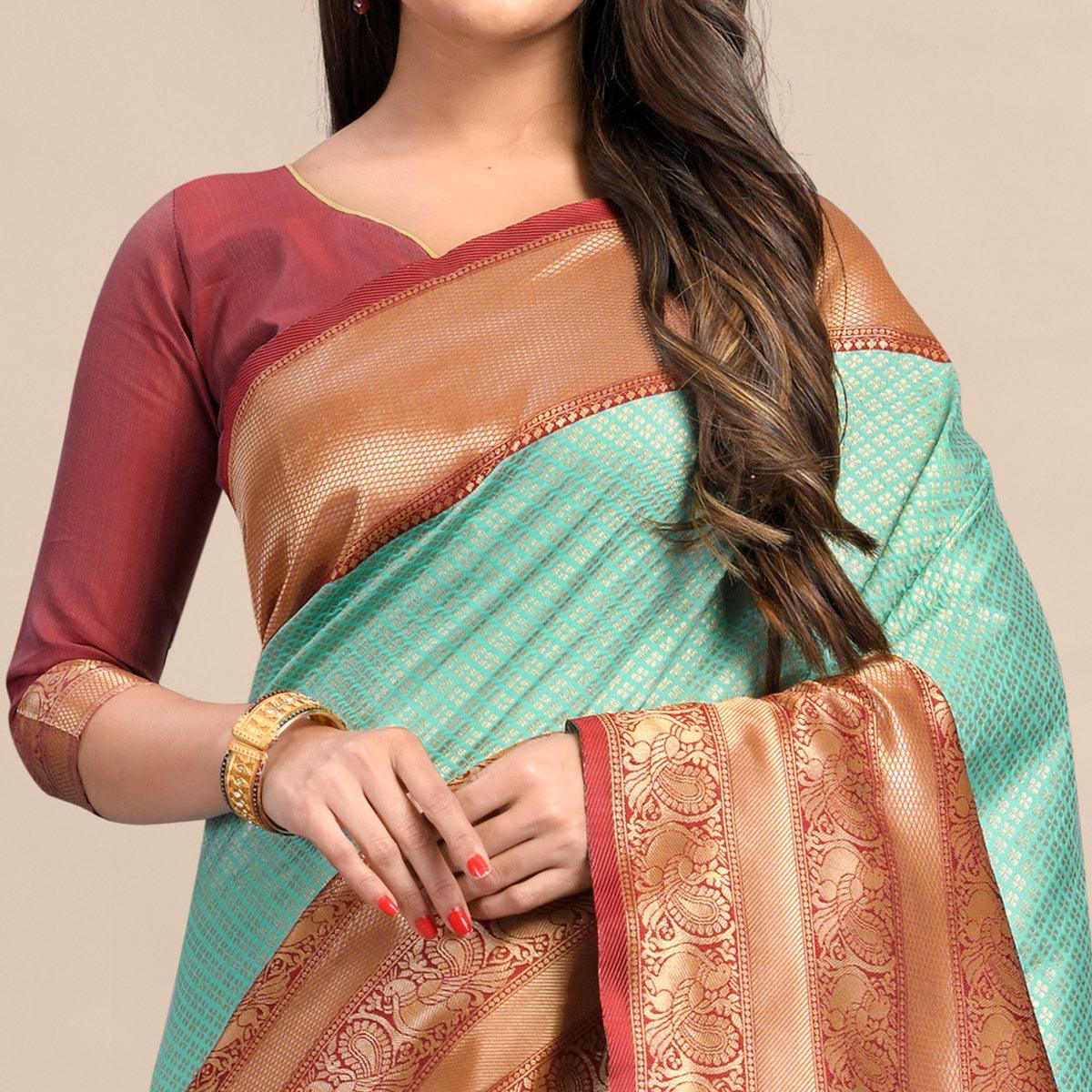 Sea Green-Maroon Festive Wear Rich Woven Border Soft Banarasi Silk Saree - Peachmode