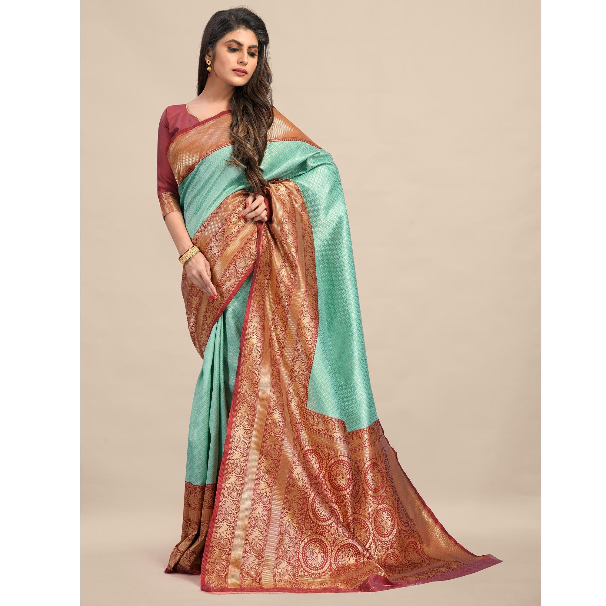 Sea Green-Maroon Festive Wear Rich Woven Border Soft Banarasi Silk Saree