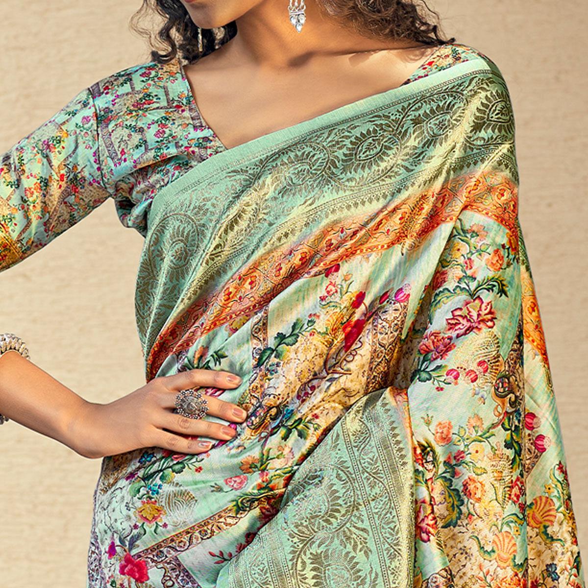 Sea Green Party Wear Digital Print Art Silk Saree With Tassels - Peachmode