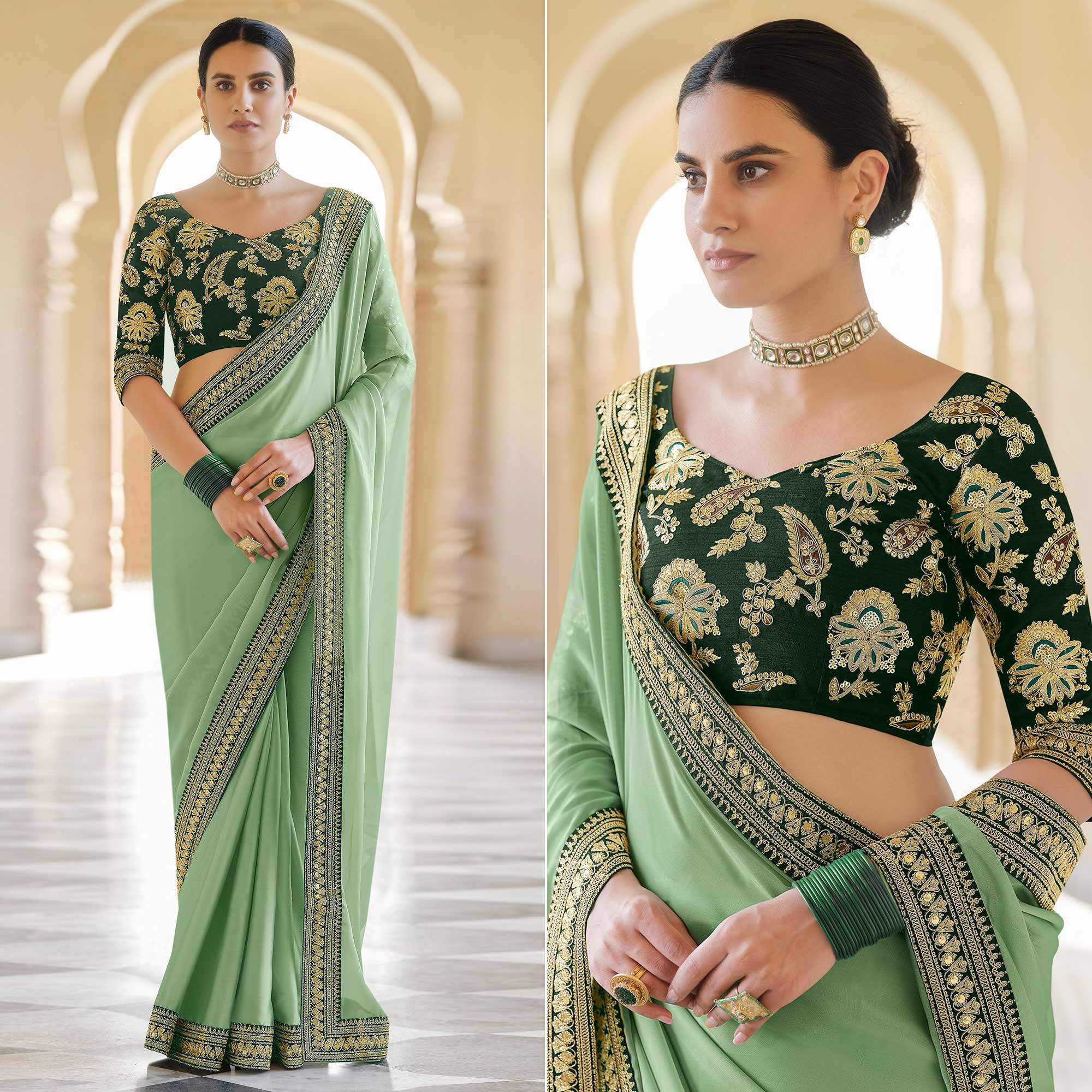 Sea Green Party Wear Sequence Embroidered Georgette Saree - Peachmode