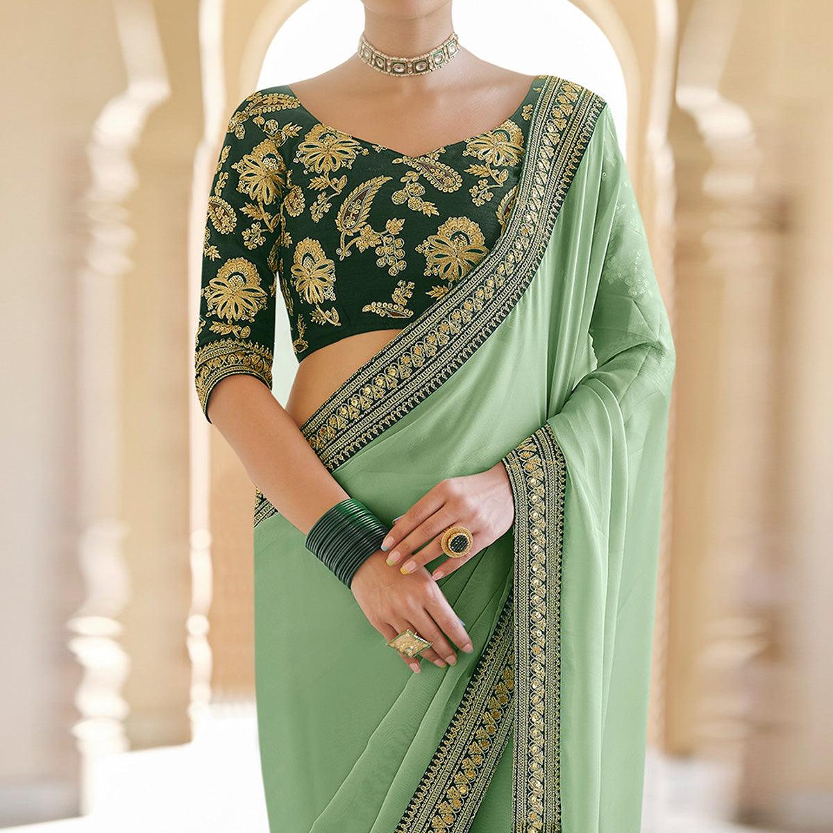 Sea Green Party Wear Sequence Embroidered Georgette Saree - Peachmode