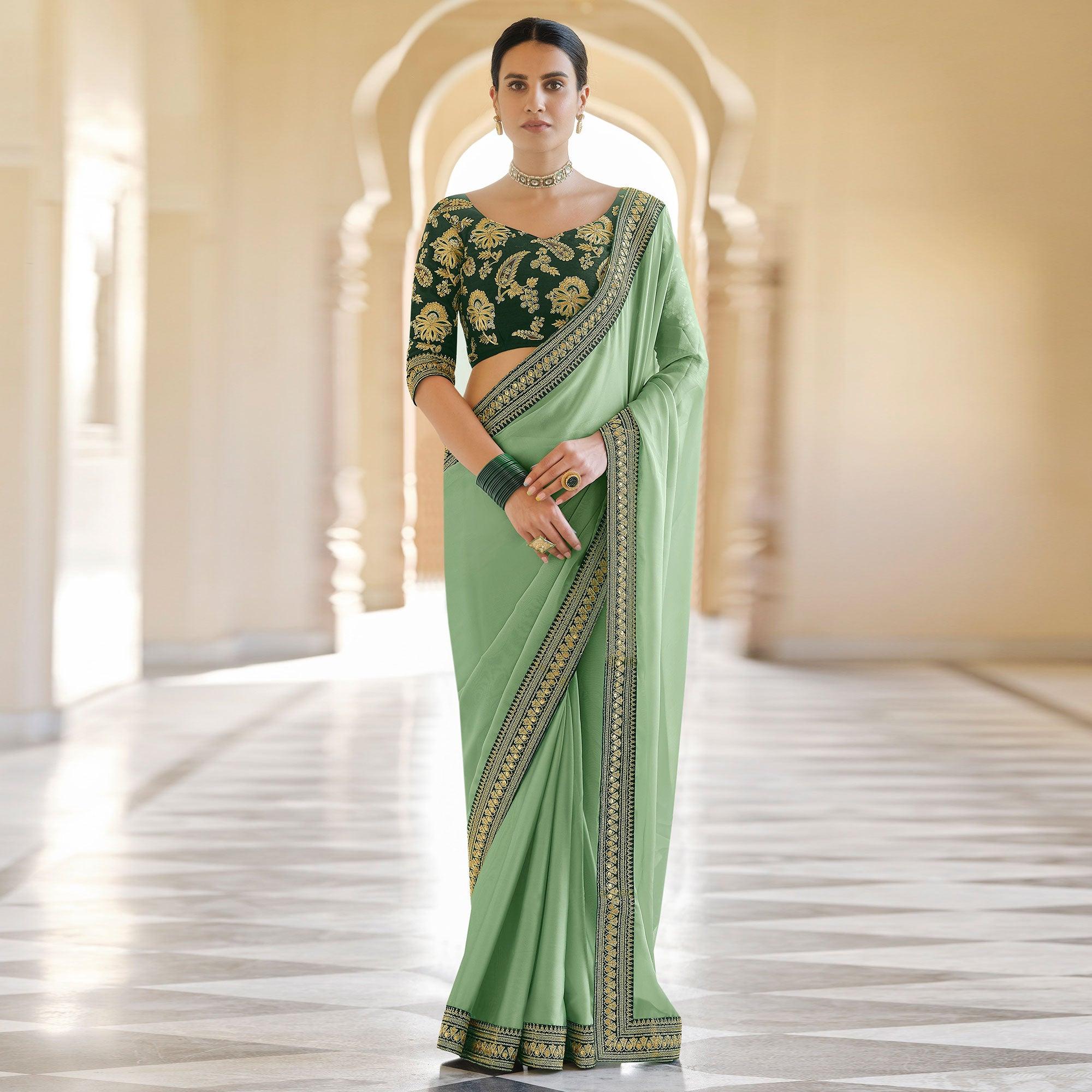 Sea Green Party Wear Sequence Embroidered Georgette Saree - Peachmode