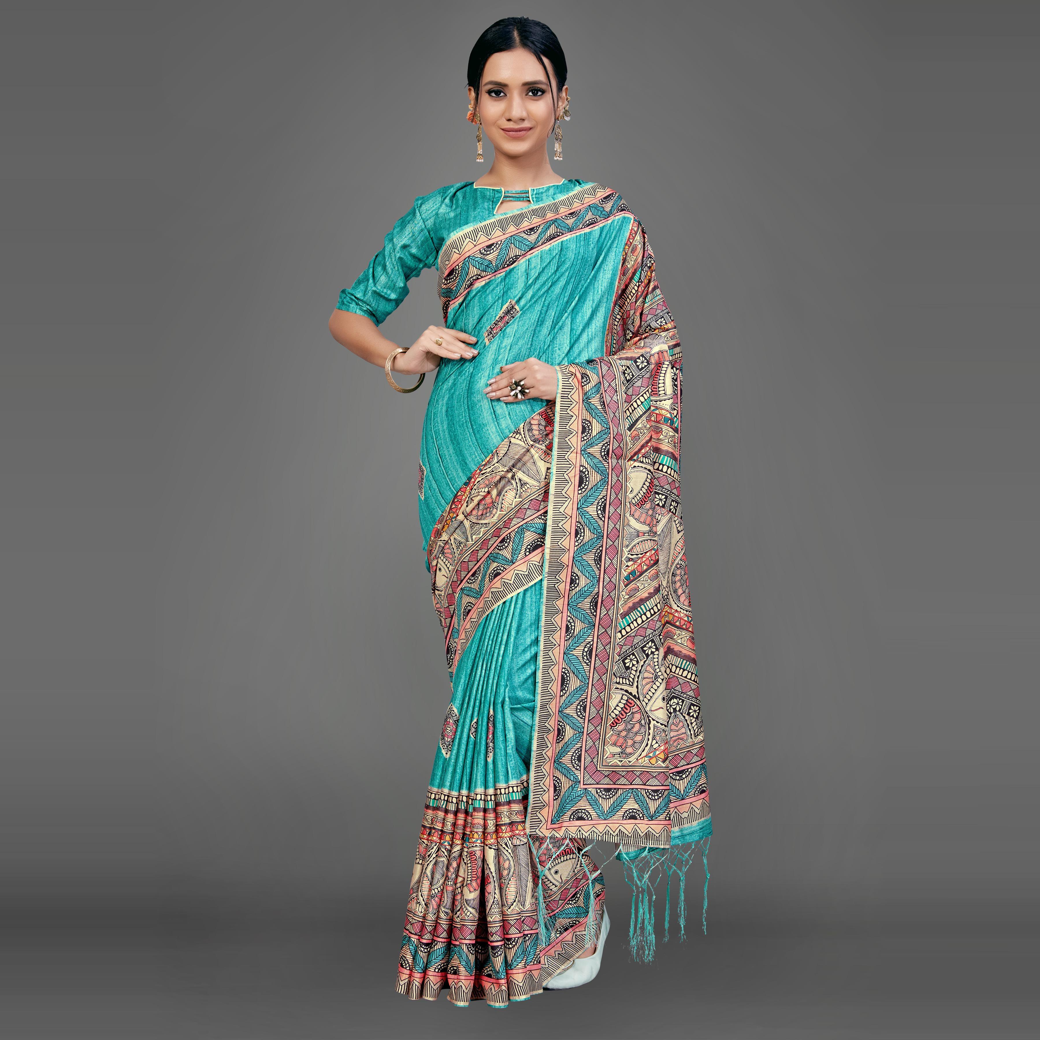 Sea Green Party Wear Silk Blend Animal Print Saree With Unstitched Blouse - Peachmode